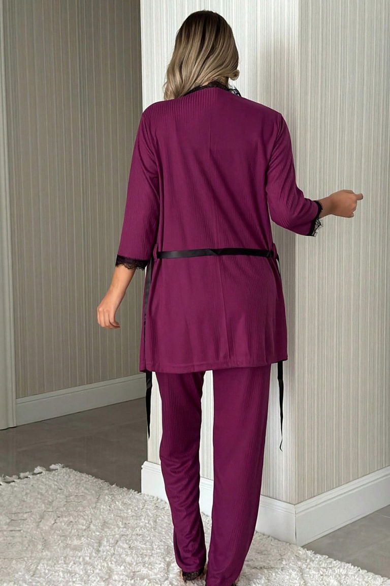 Desenli Üçlü Pijama Takımı - 28076-MOR - TOFİSA