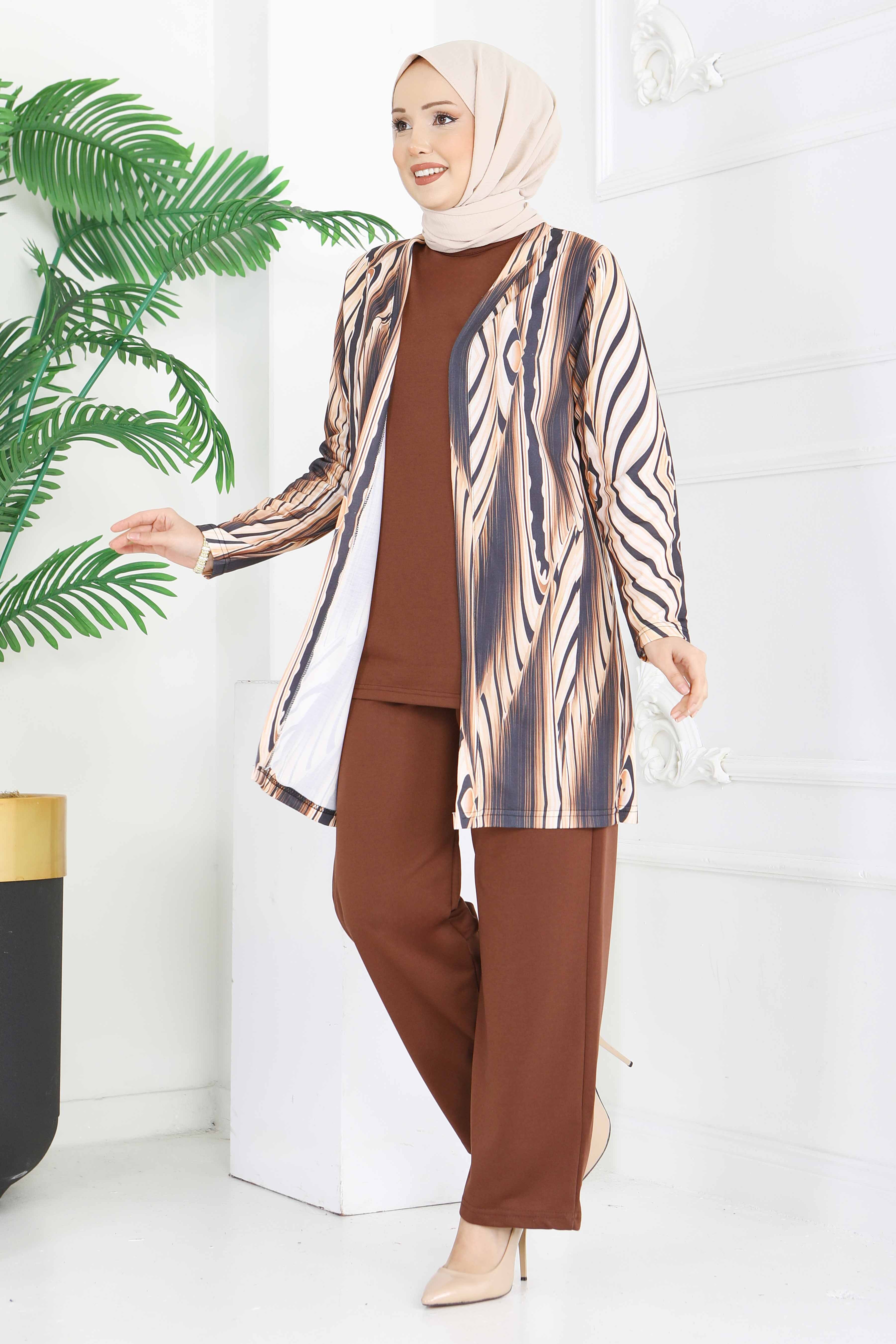 Desenli Üçlü Takım - 2075-KAHVE - 2