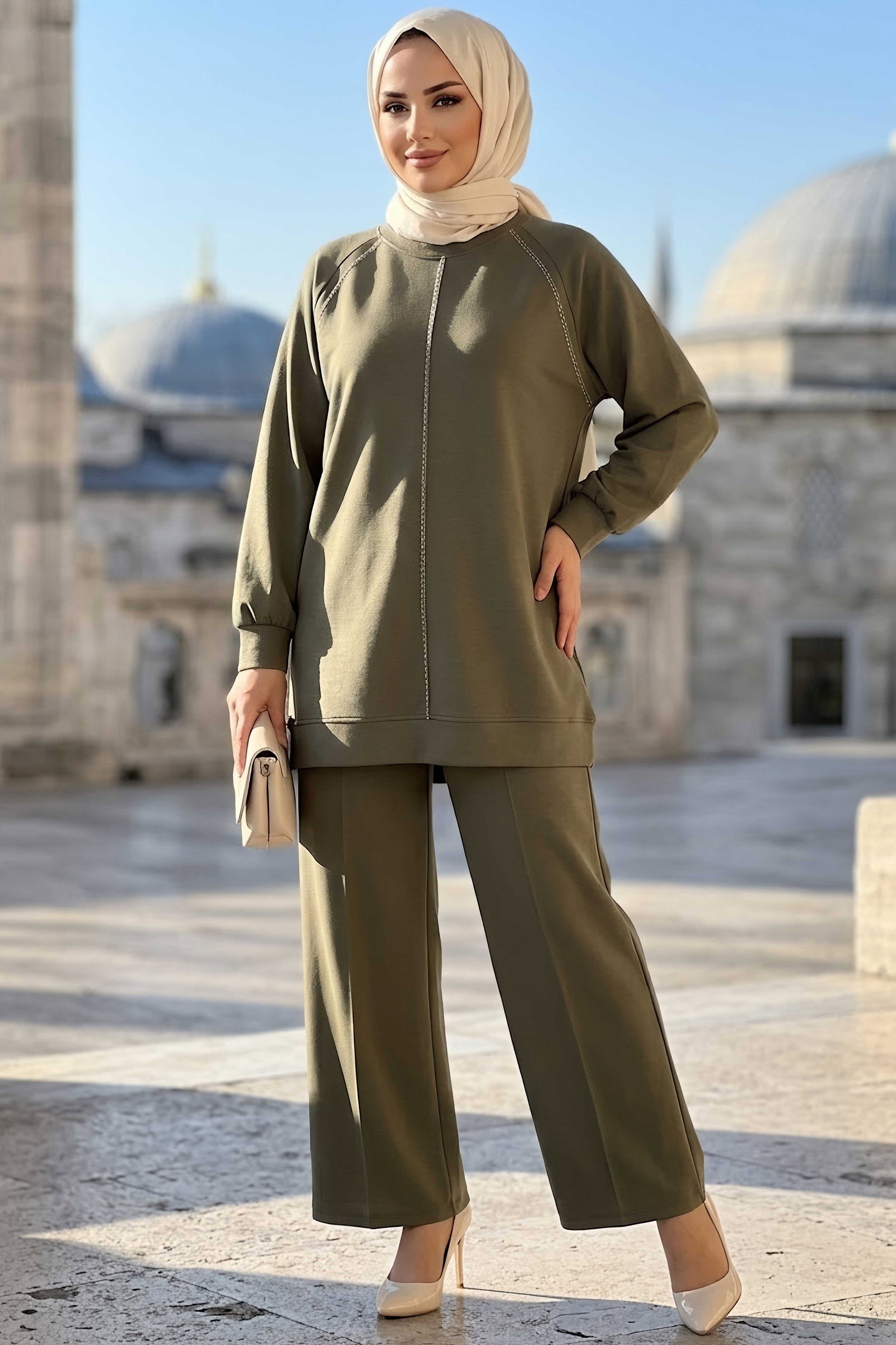 Dikiş Süslü Oysh Modal Takım Haki - 28968-HAKI - 1