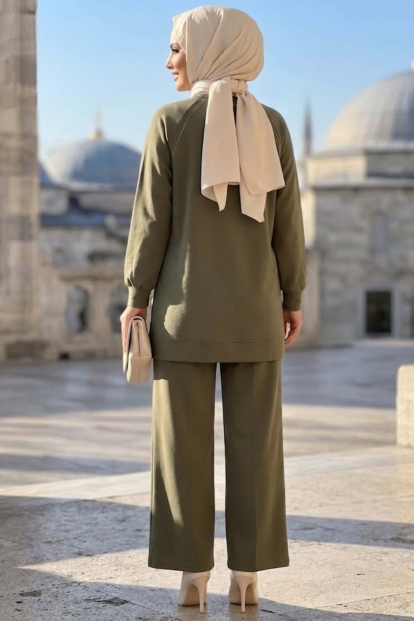 Dikiş Süslü Oysh Modal Takım Haki - 28968-HAKI - 3
