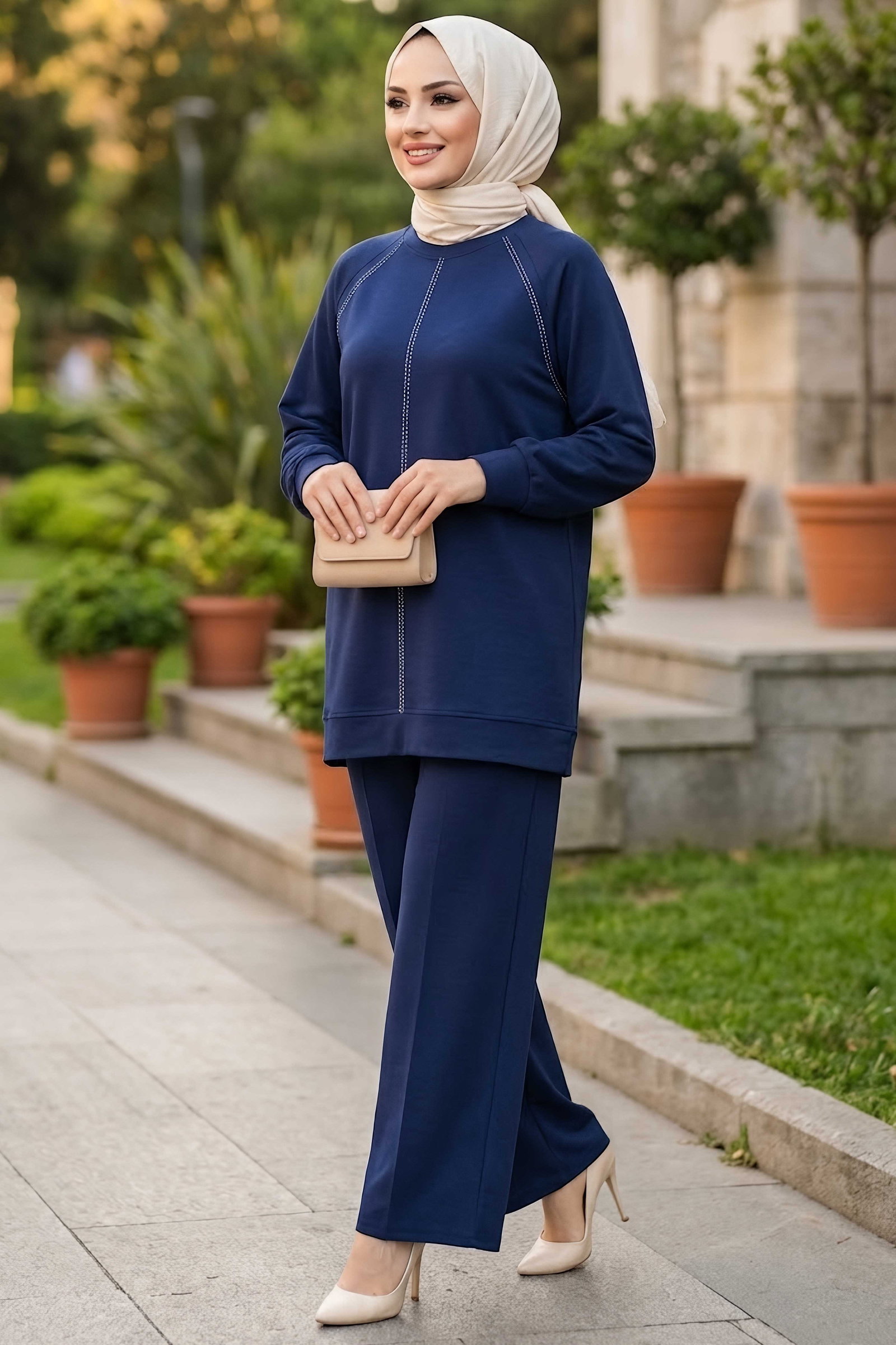 Dikiş Süslü Oysh Modal Takım Lacivert - 28968-LACIVERT - 1