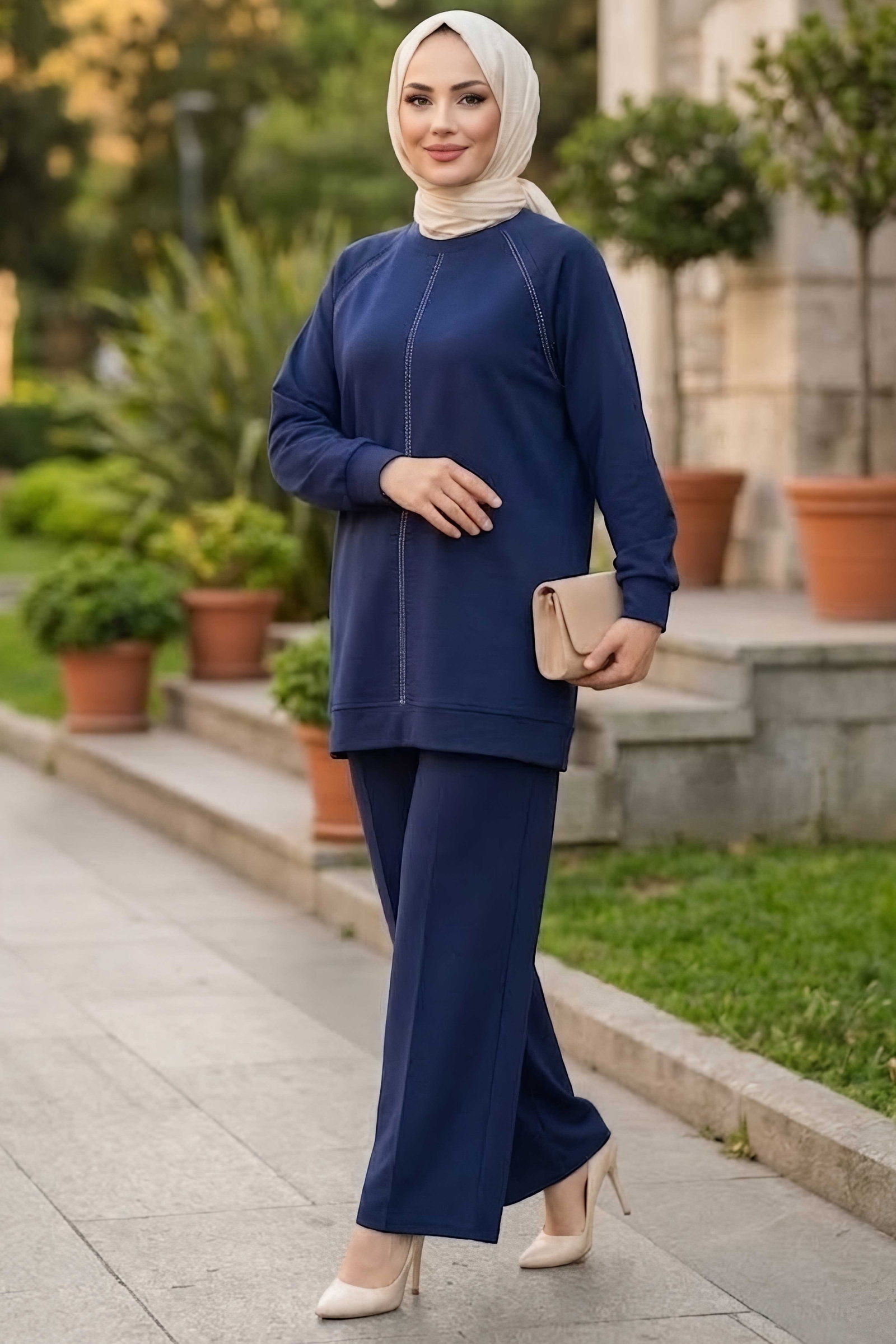 Dikiş Süslü Oysh Modal Takım Lacivert - 28968-LACIVERT - 2