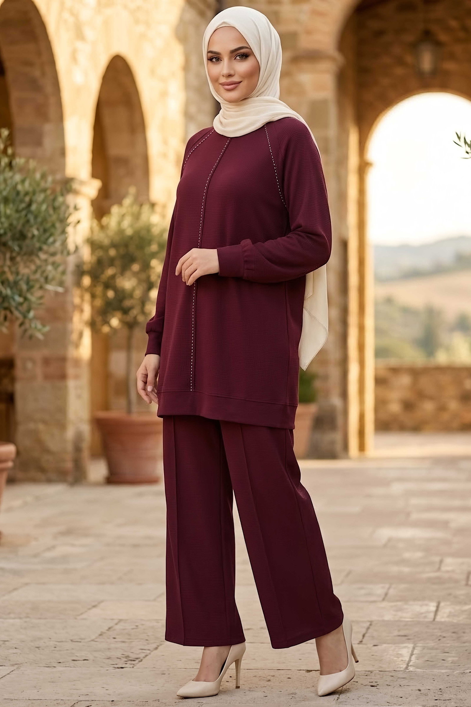 Dikiş Süslü Oysh Modal Takım Mürdüm - 28968-MURDUM - 1