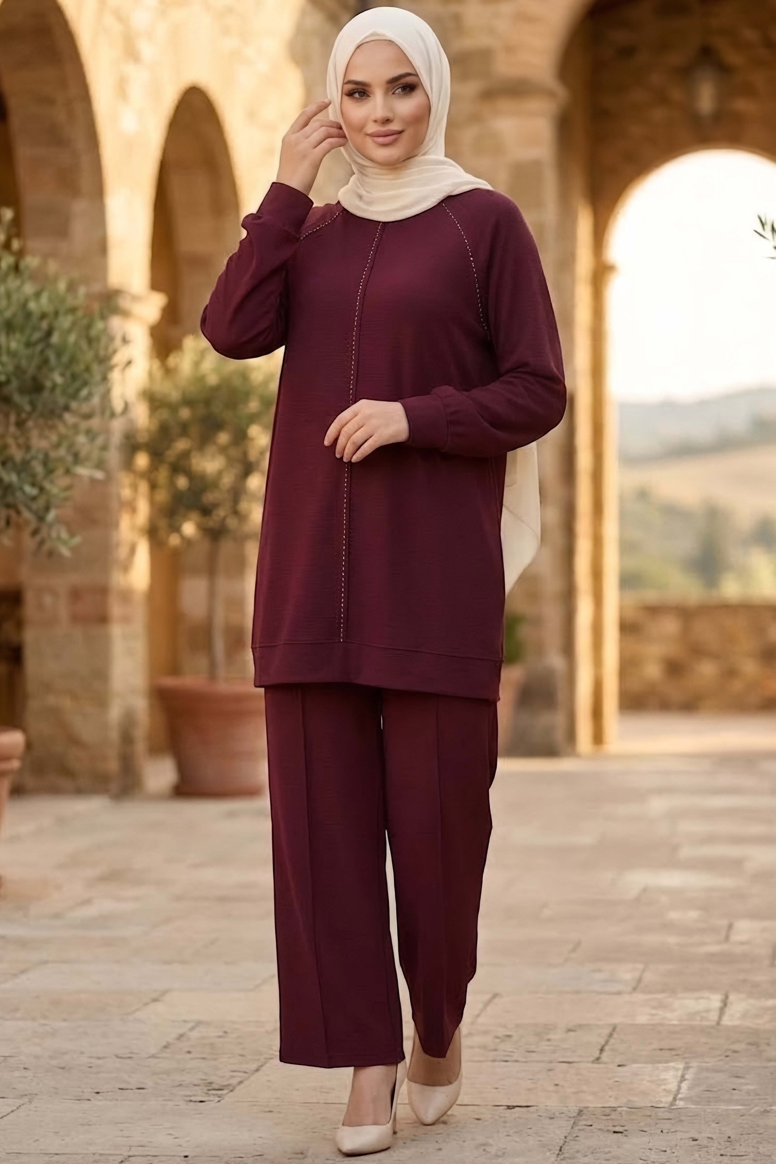 Dikiş Süslü Oysh Modal Takım Mürdüm - 28968-MURDUM - 2