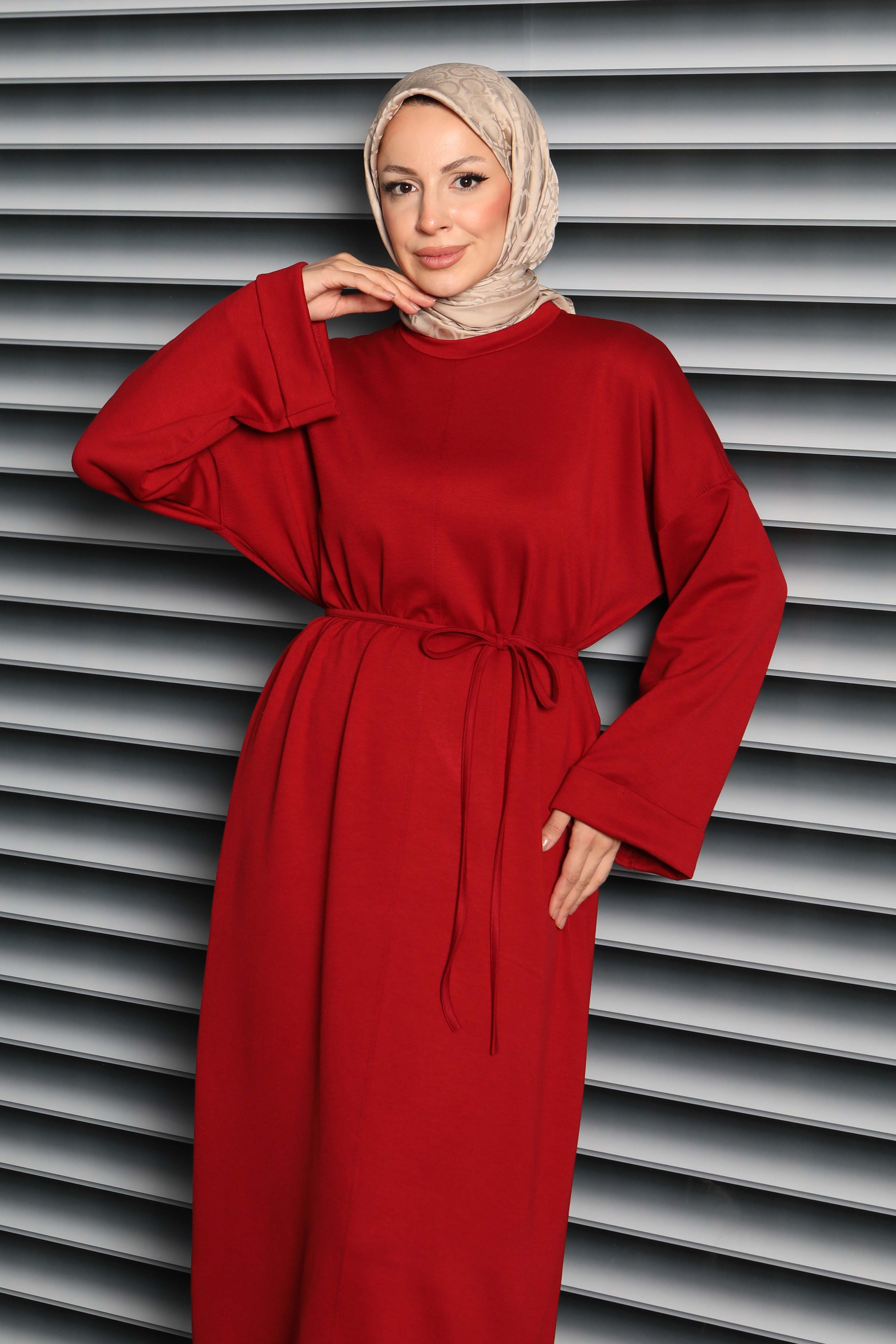 Double Kol Salaş Modal Elbise - 27887-BORDO - 5