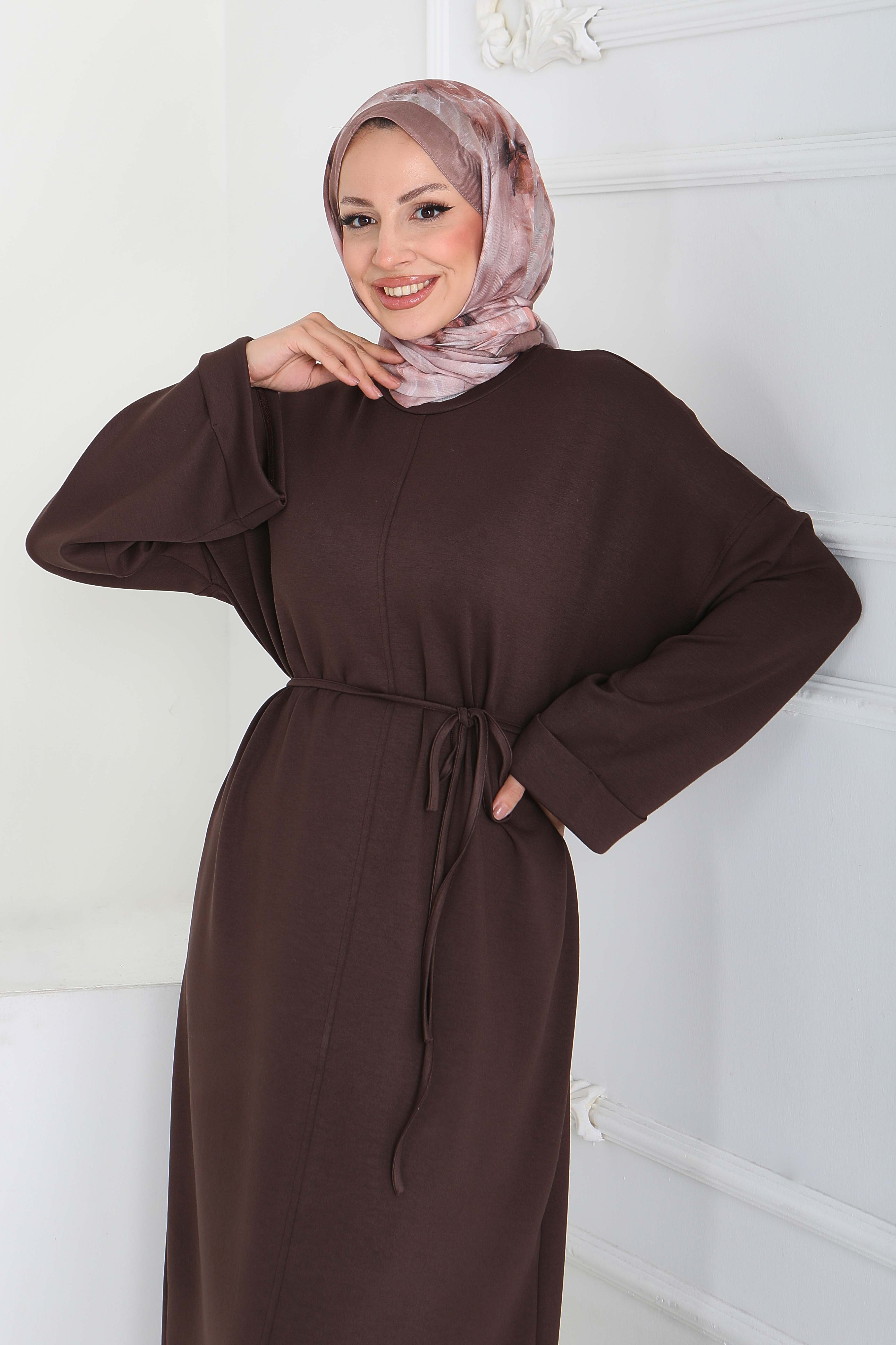 Double Kol Salaş Modal Elbise - 27887-KAHVE - 4