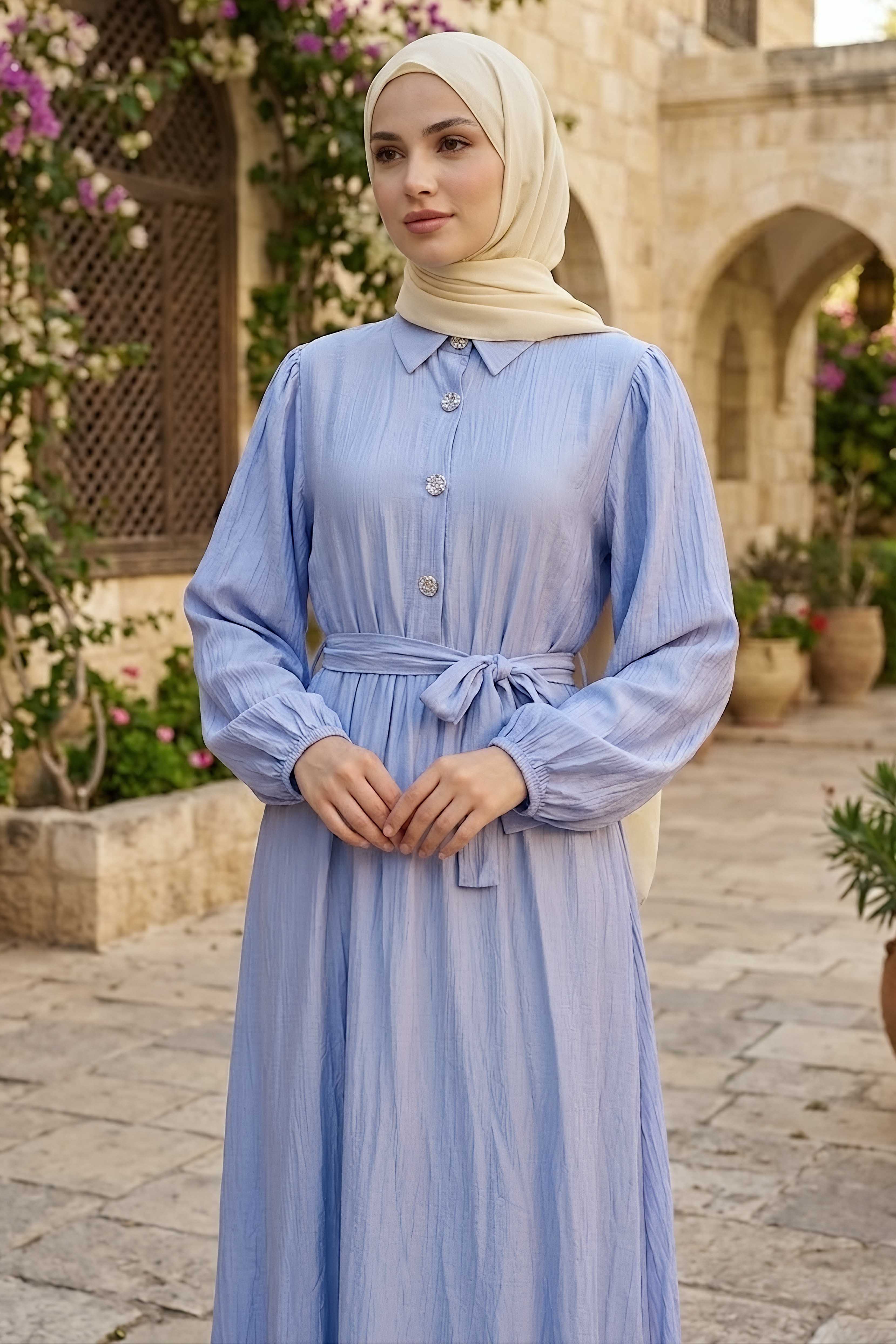 Düğme Detaylı Dokuma Elbise Bebe Mavi - 28478-BEBE-MAVI - 1