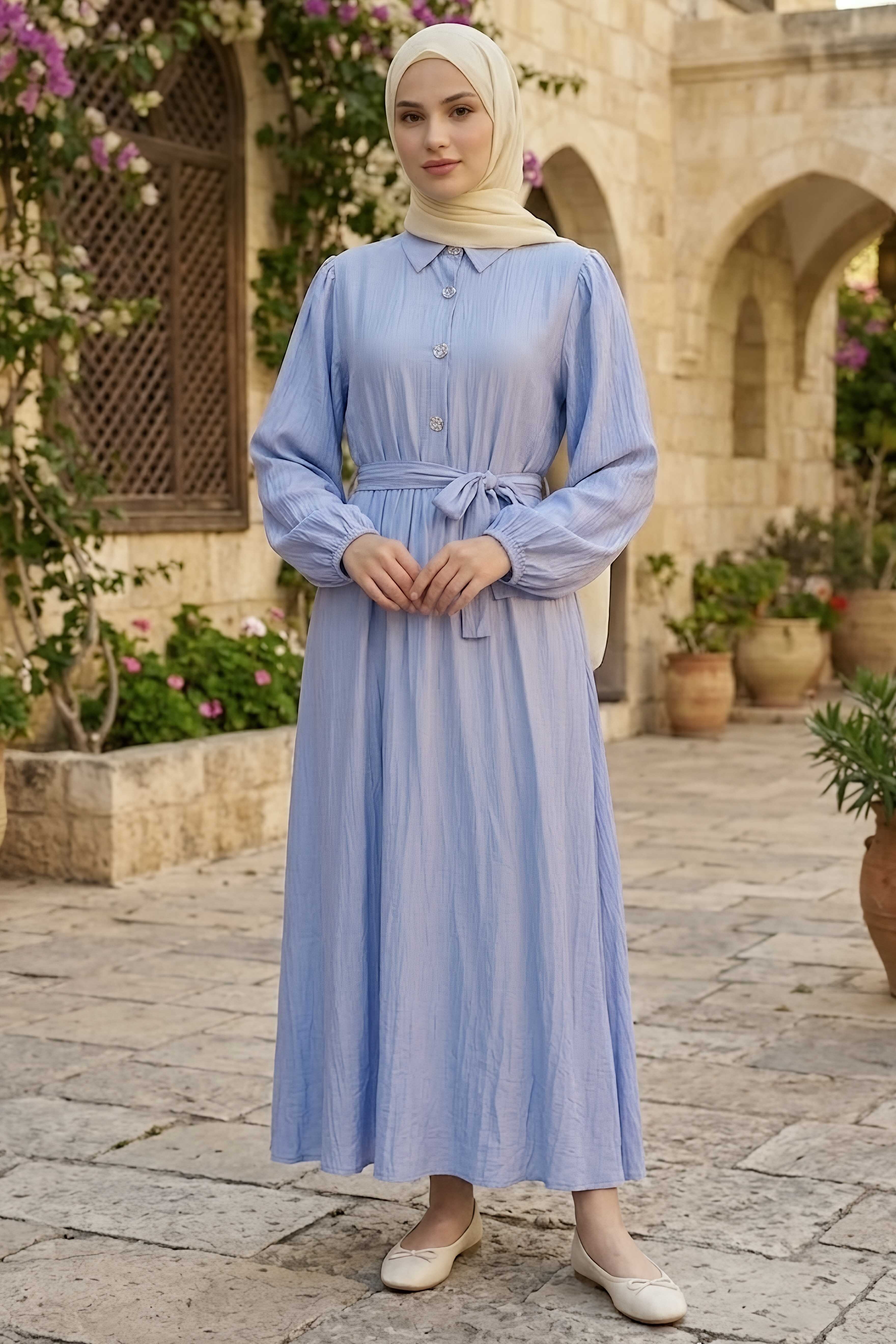 Düğme Detaylı Dokuma Elbise Bebe Mavi - 28478-BEBE-MAVI - 2