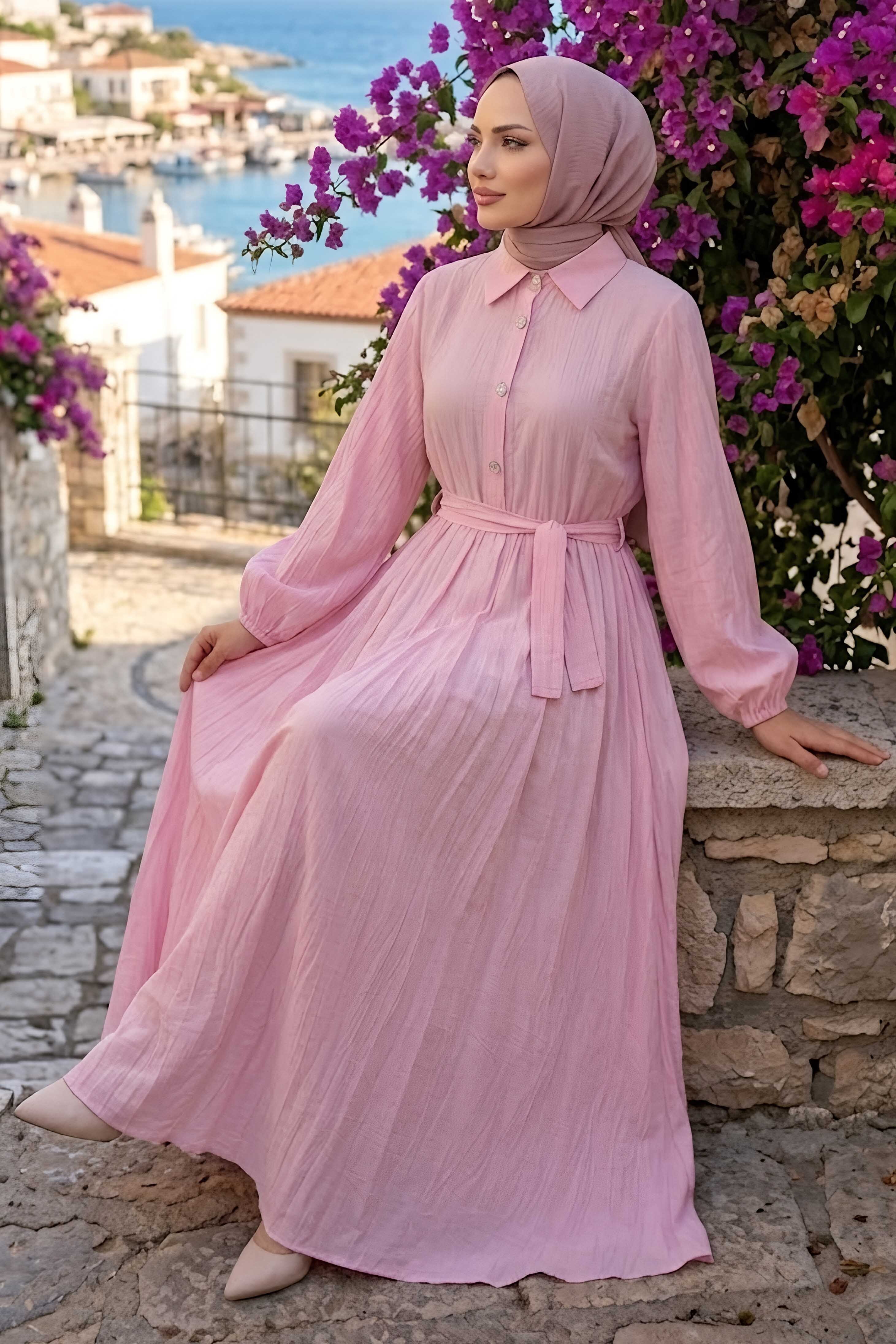 Düğme Detaylı Dokuma Elbise Pembe - 28478-PEMBE - 1