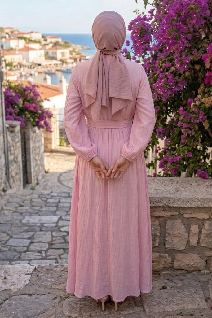 Düğme Detaylı Dokuma Elbise Pembe - 28478-PEMBE - 3