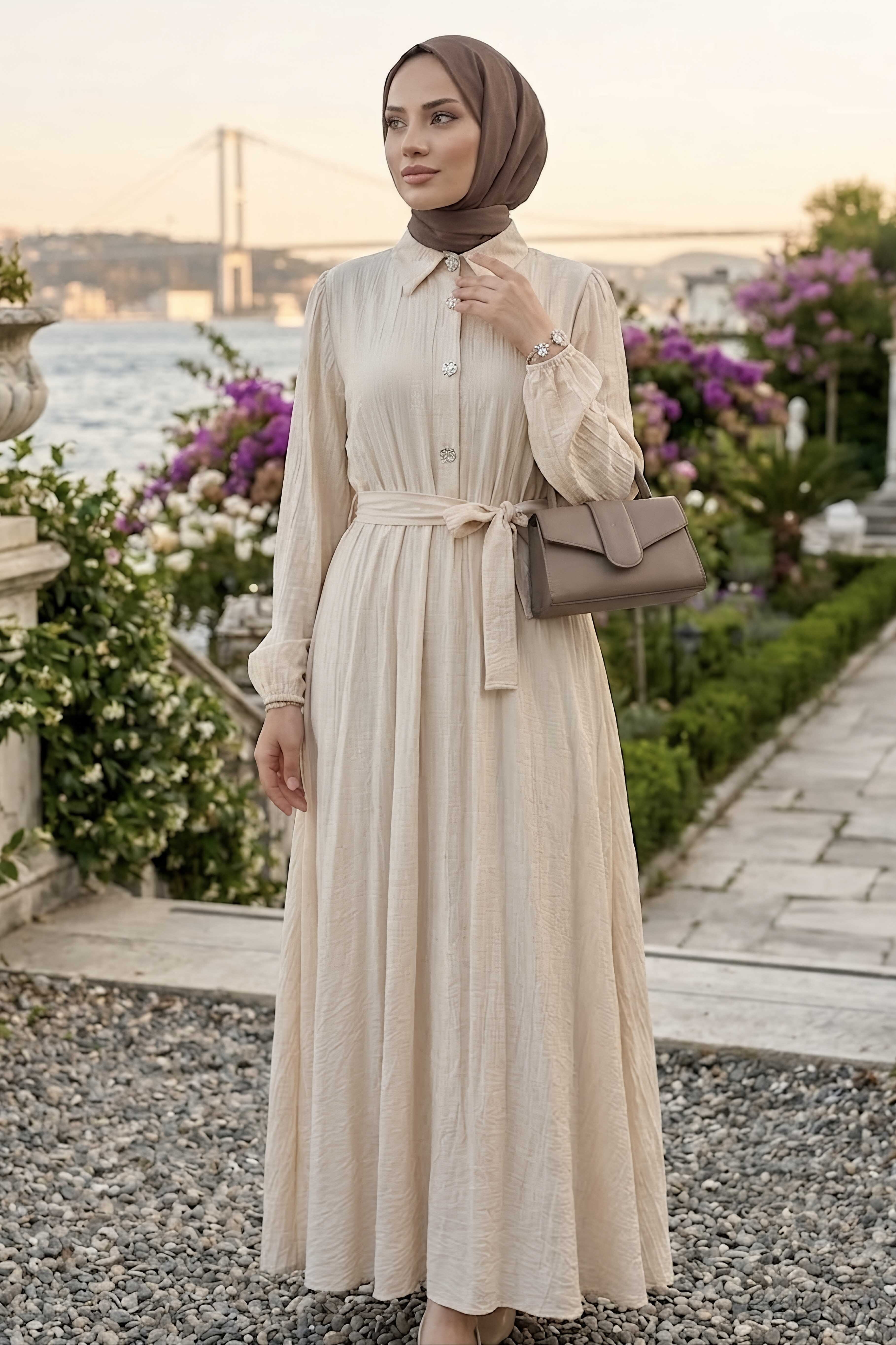 Düğme Detaylı Dokuma Elbise Tas - 28478-TAS - 1