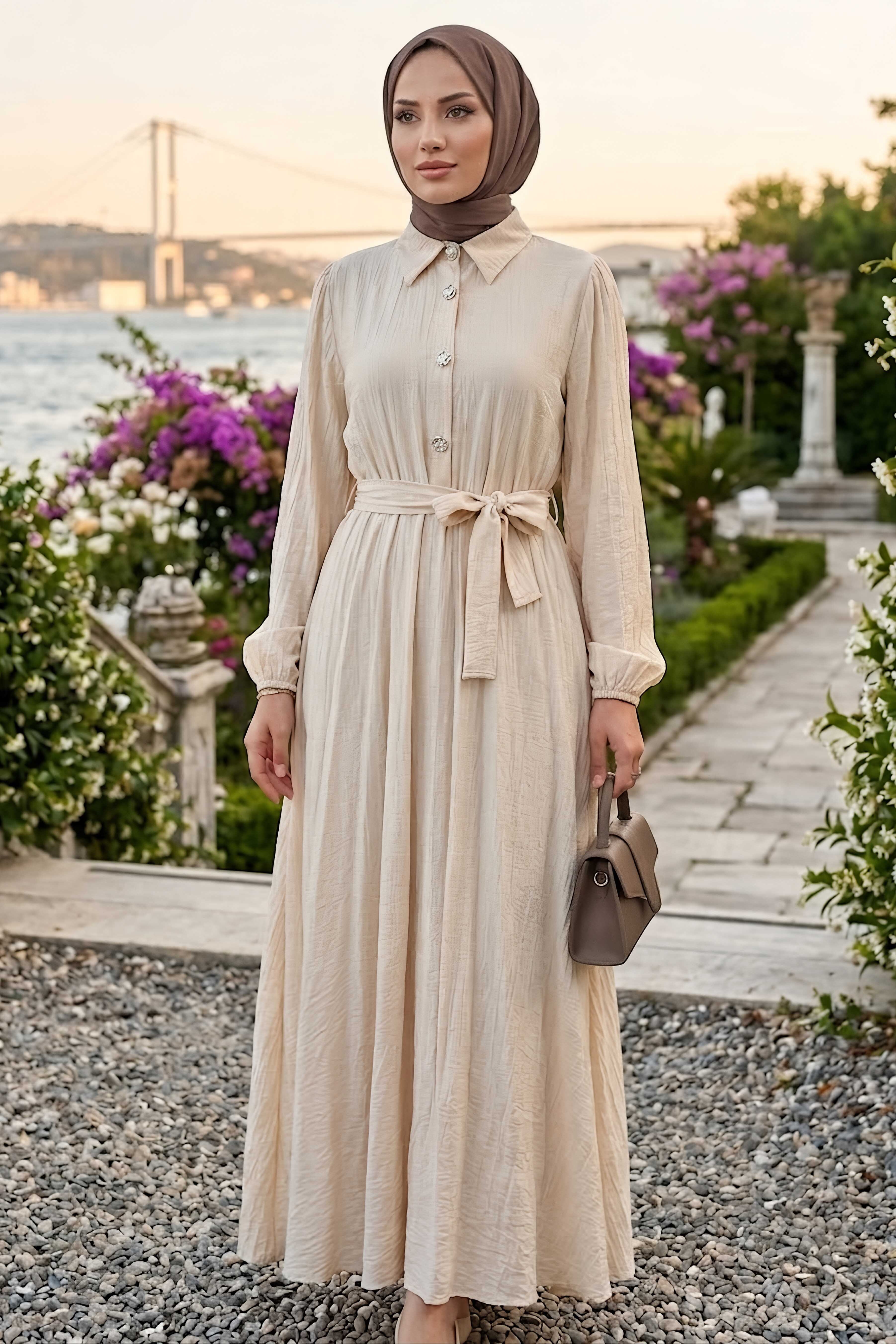Düğme Detaylı Dokuma Elbise Tas - 28478-TAS - 2
