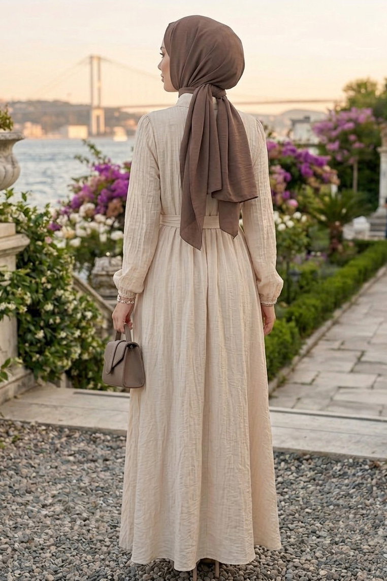 Düğme Detaylı Dokuma Elbise Tas - 28478-TAS - 3