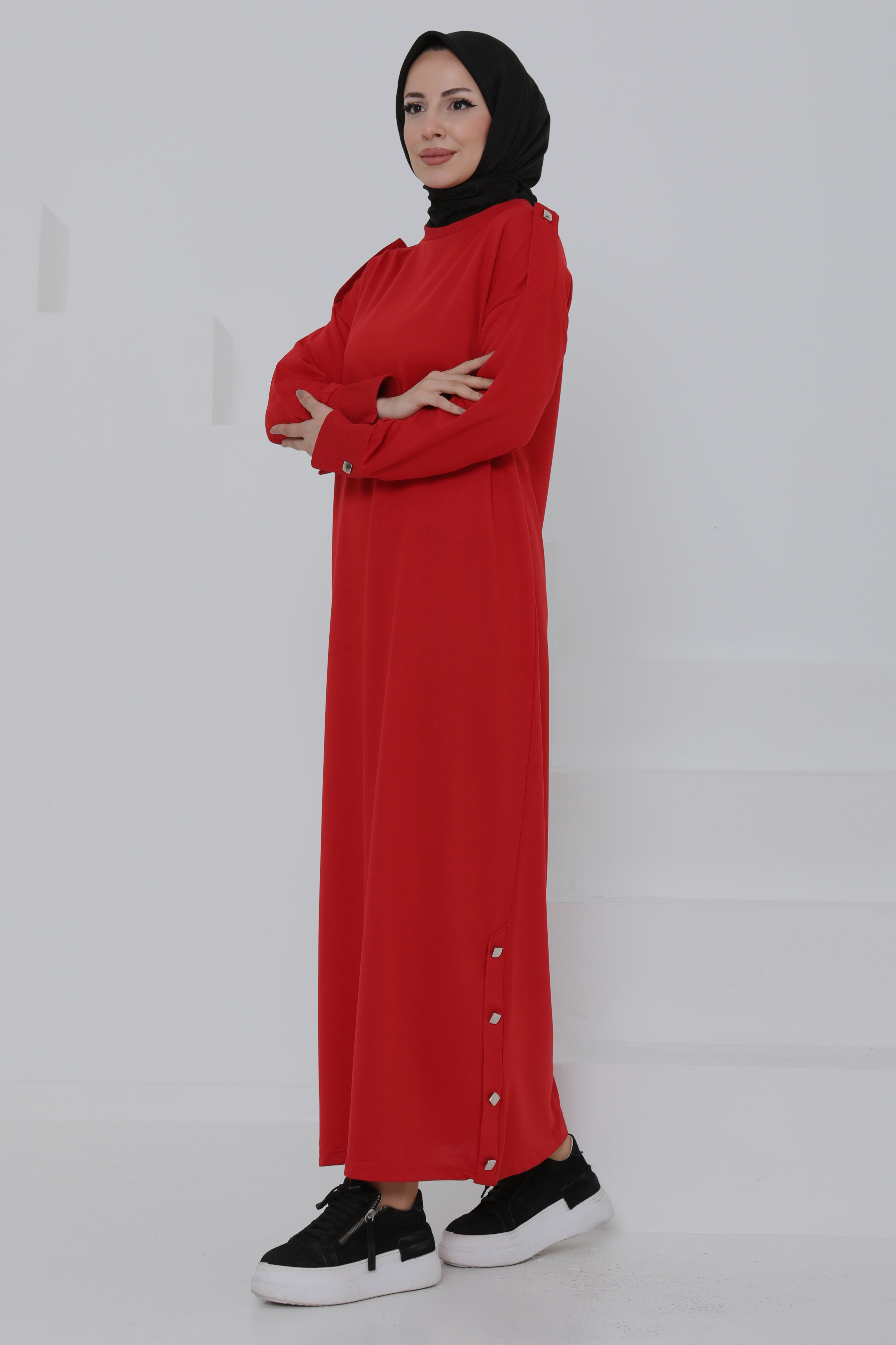 Düğme Detaylı Elbise - 27045 - 3
