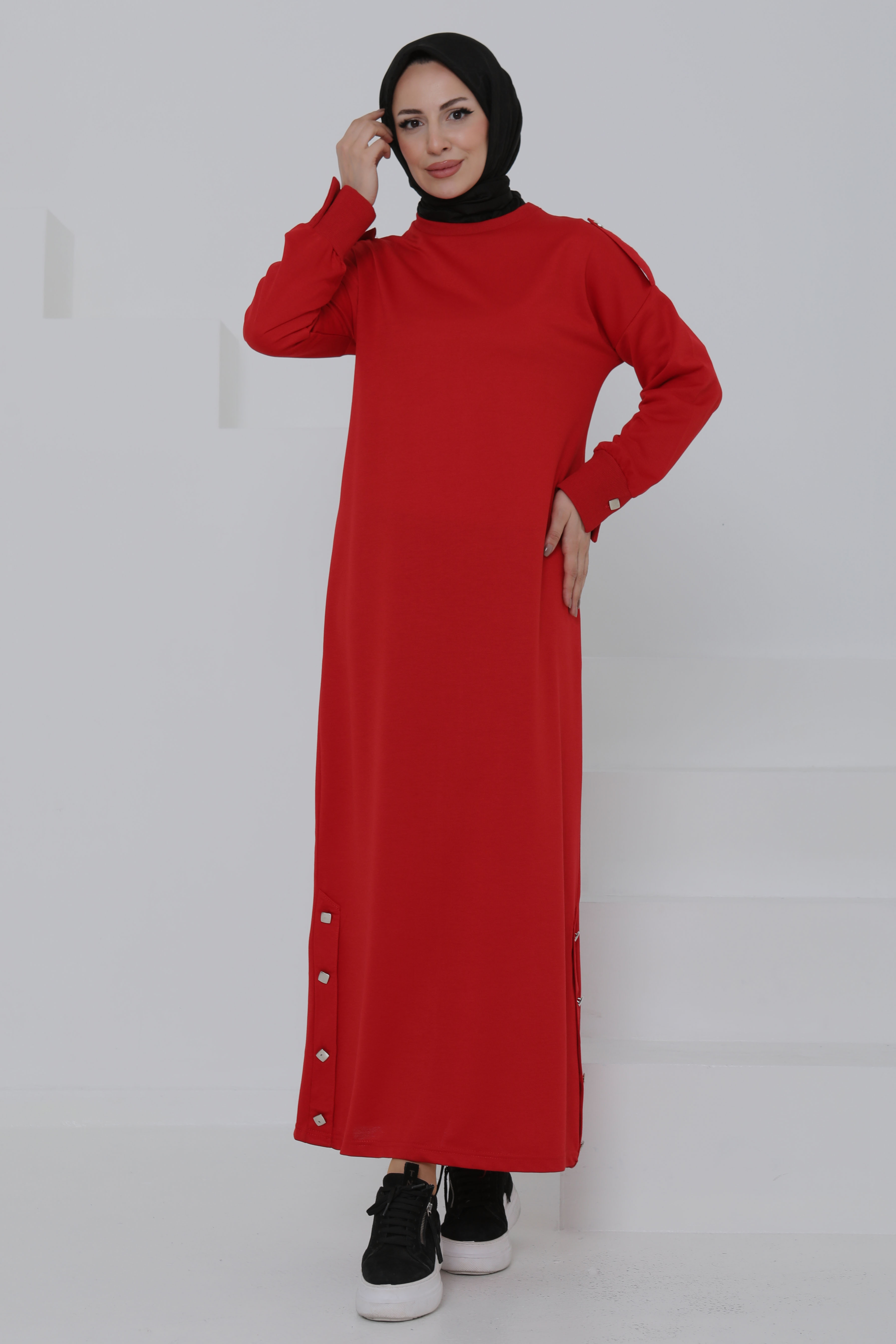 Düğme Detaylı Elbise - 27045 - 4