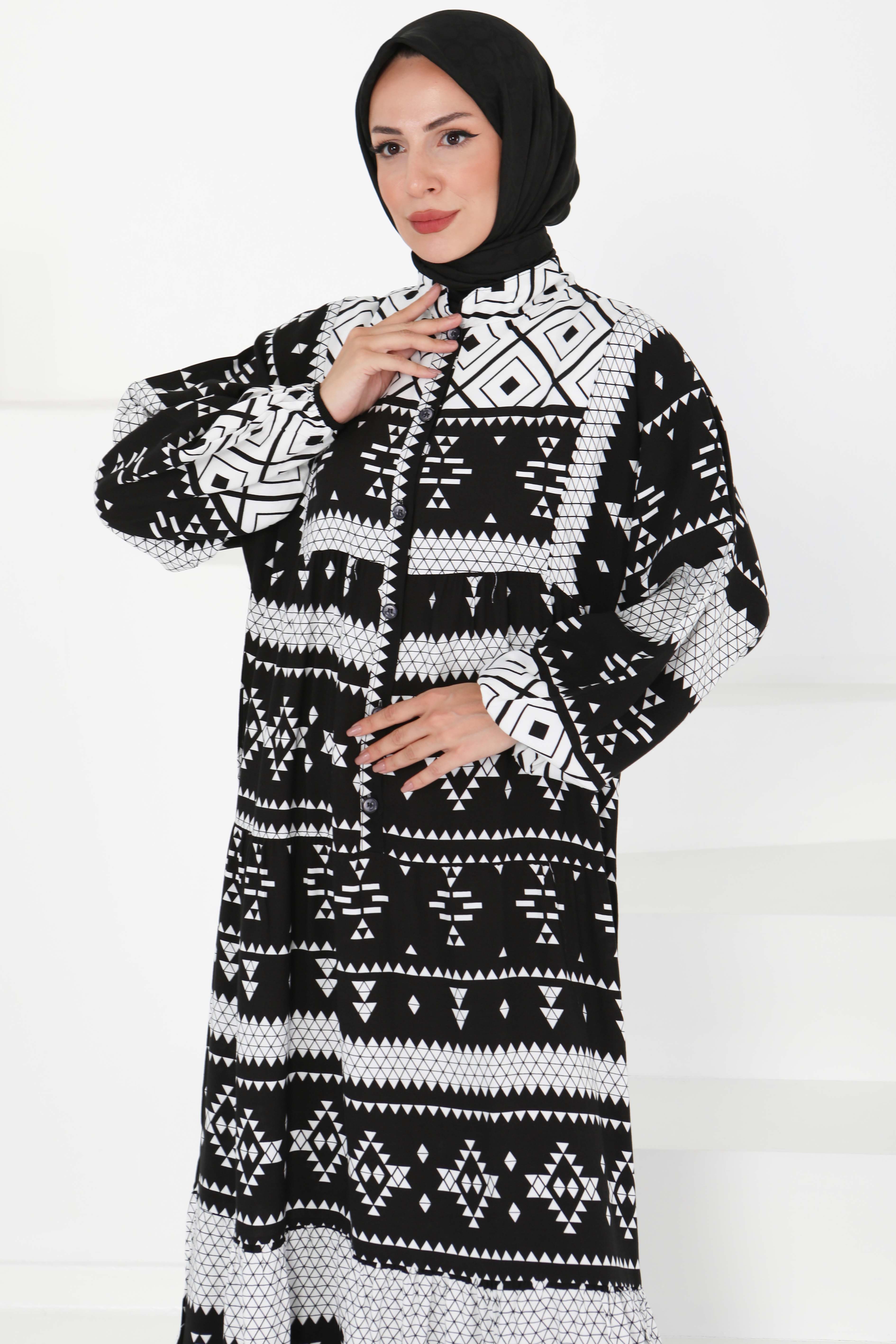 Düğme Detaylı Elbise - 27396 - 4