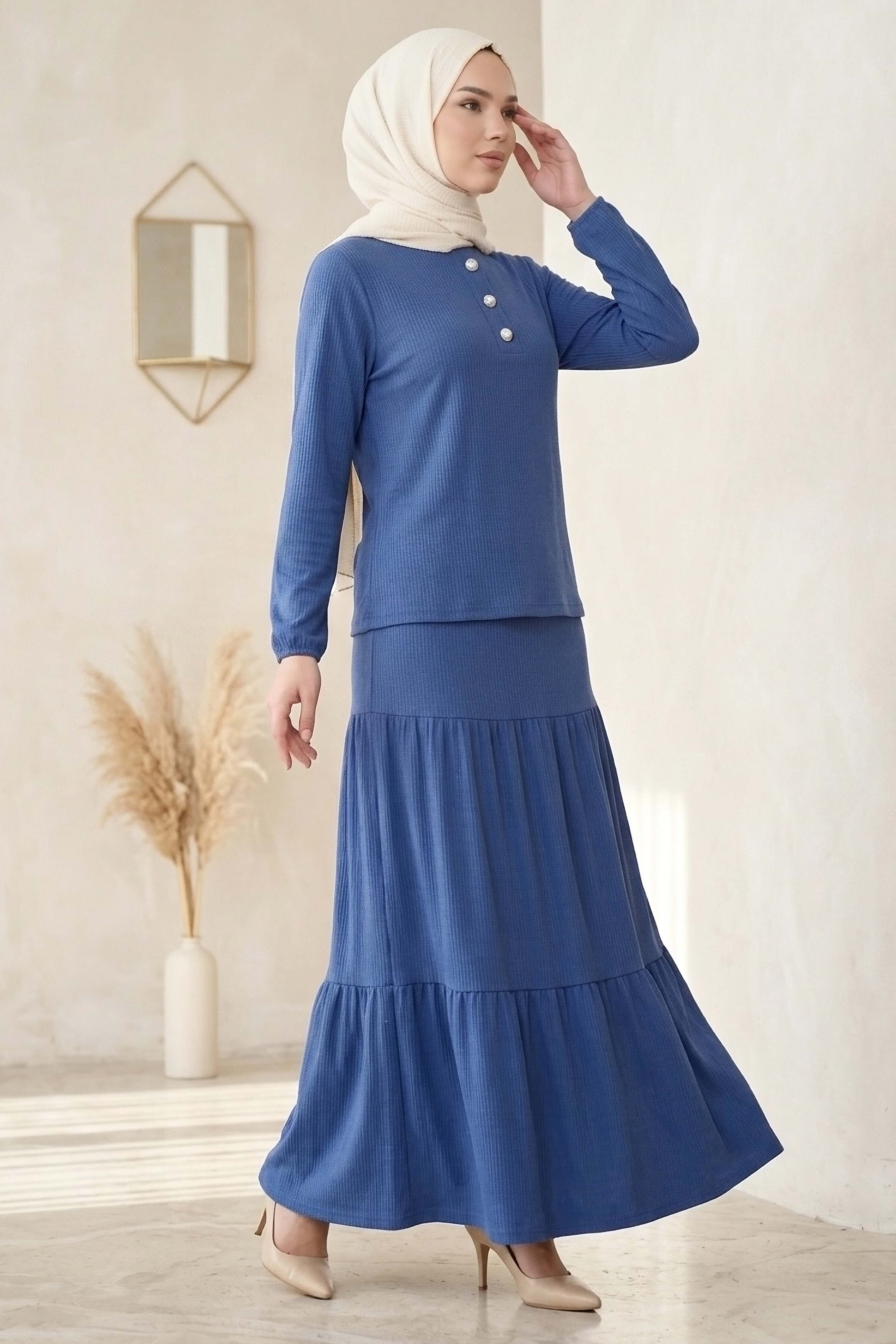 Düğme Detaylı Etek Takım Indigo - 2119-INDIGO - 1