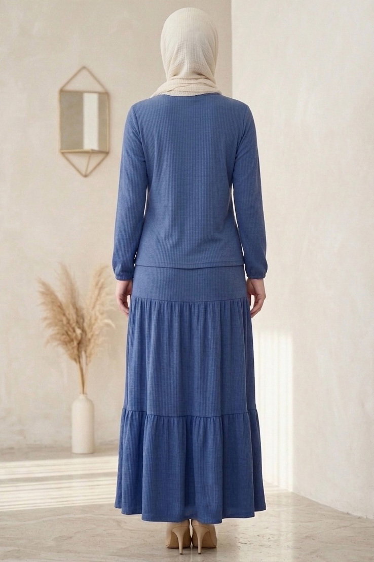 Düğme Detaylı Etek Takım Indigo - 2119-INDIGO - 3