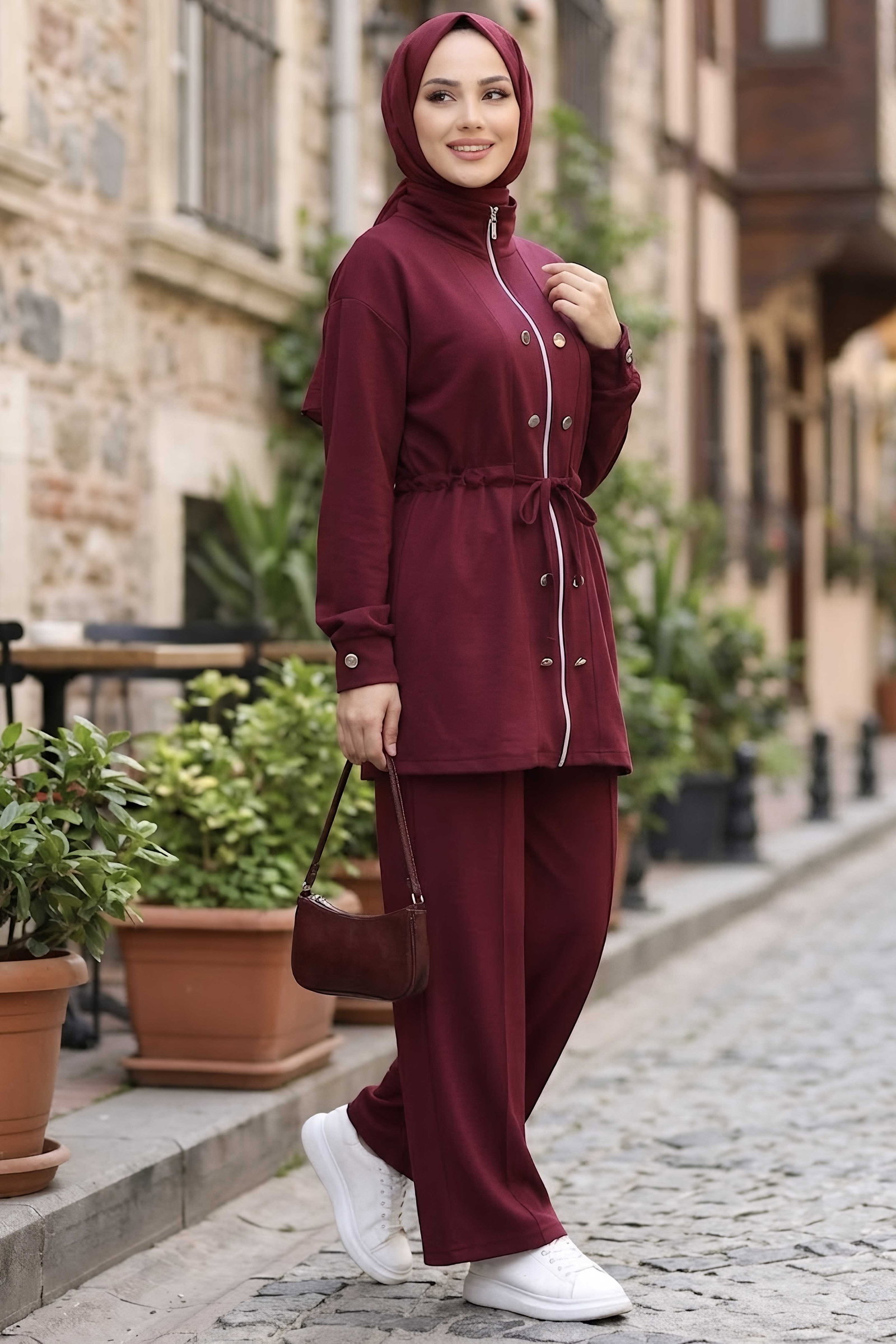 Düğme Detaylı Fermuarlı Oysh Modal Takım Bordo - CK1357-BORDO - 1