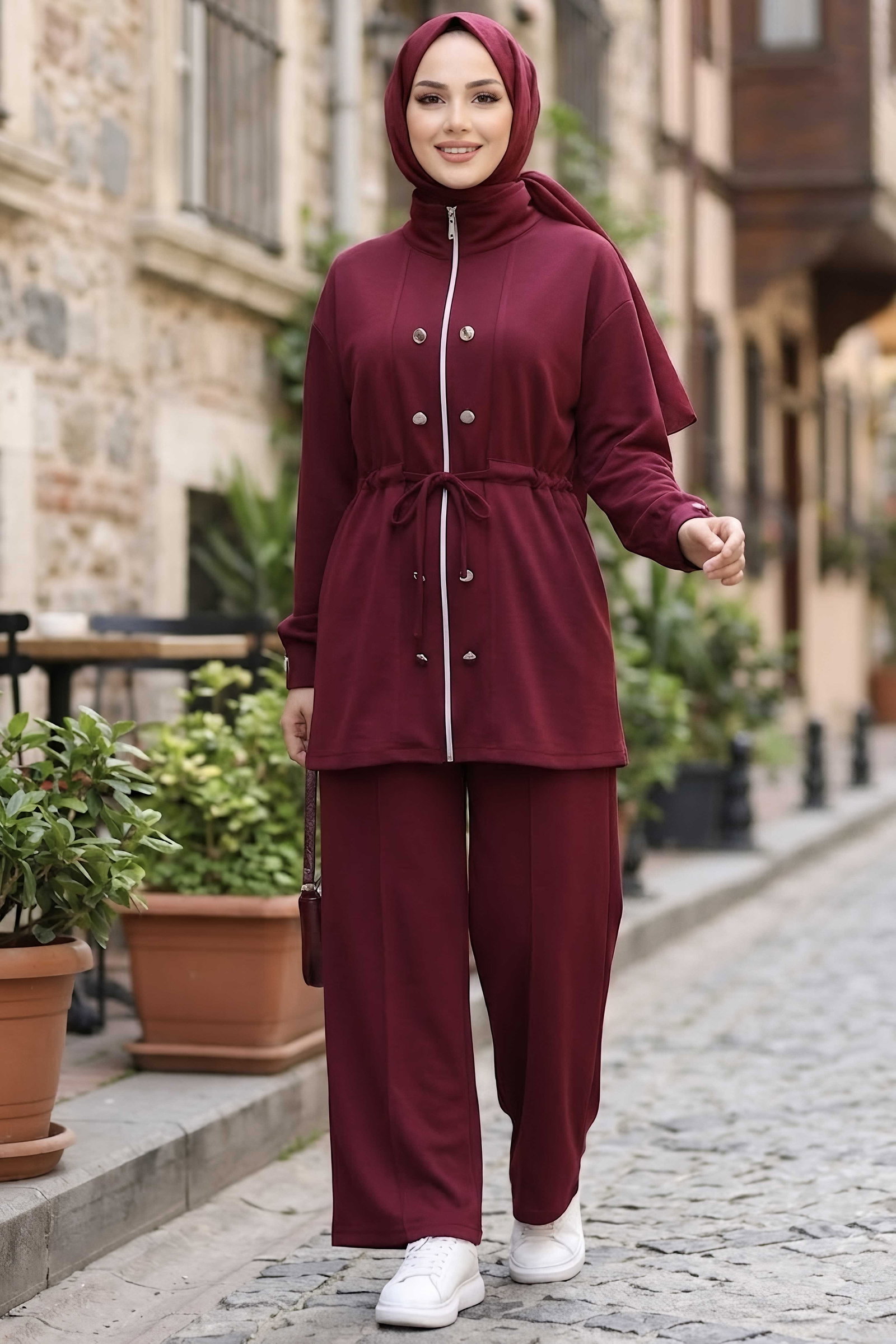 Düğme Detaylı Fermuarlı Oysh Modal Takım Bordo - CK1357-BORDO - 2
