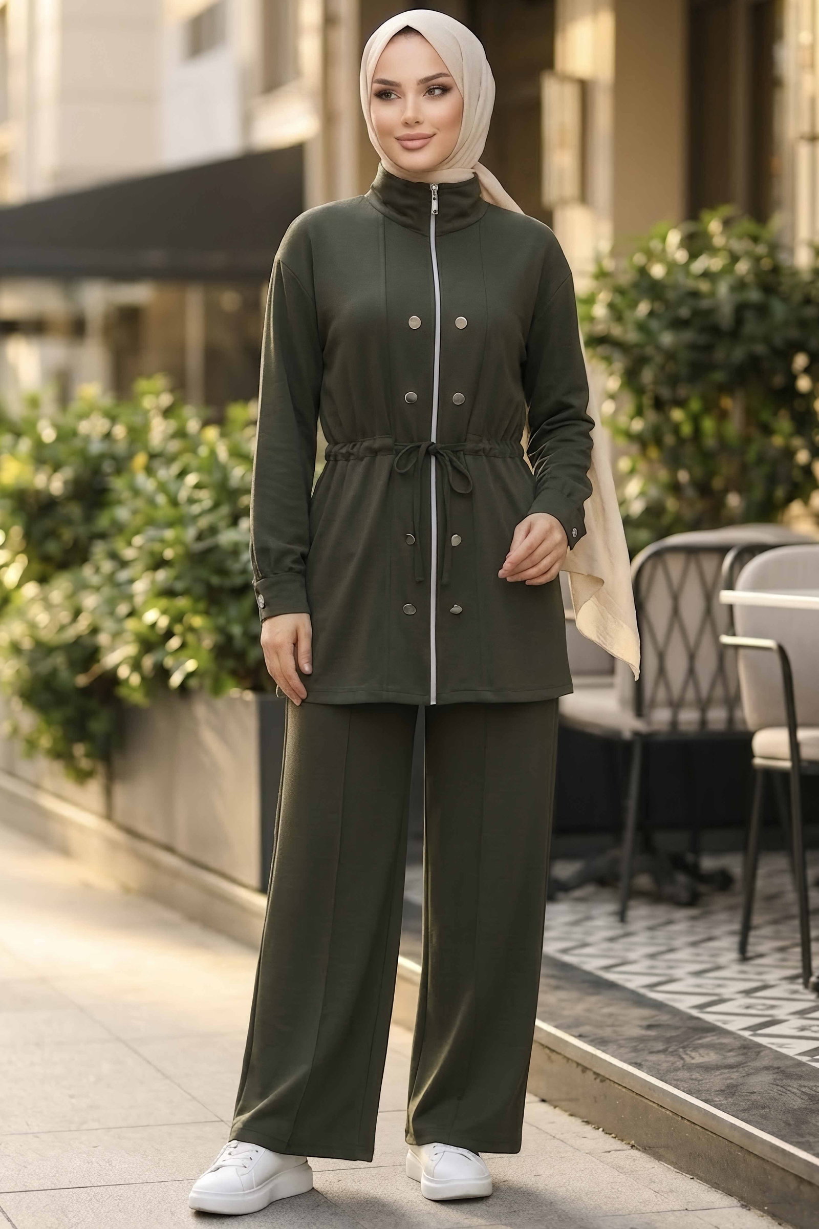 Düğme Detaylı Fermuarlı Oysh Modal Takım Haki - CK1357-HAKI - 1