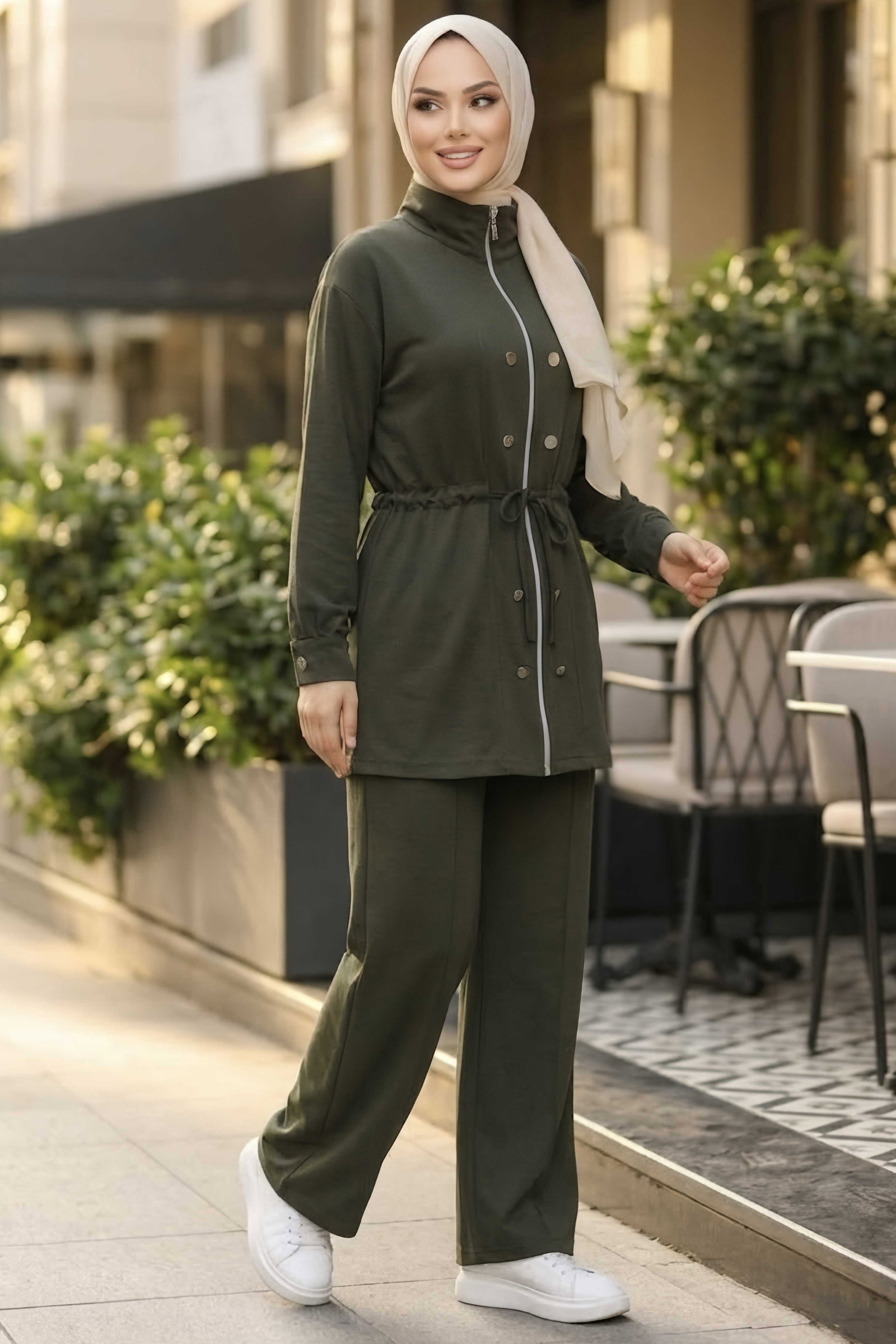 Düğme Detaylı Fermuarlı Oysh Modal Takım Haki - CK1357-HAKI - 2