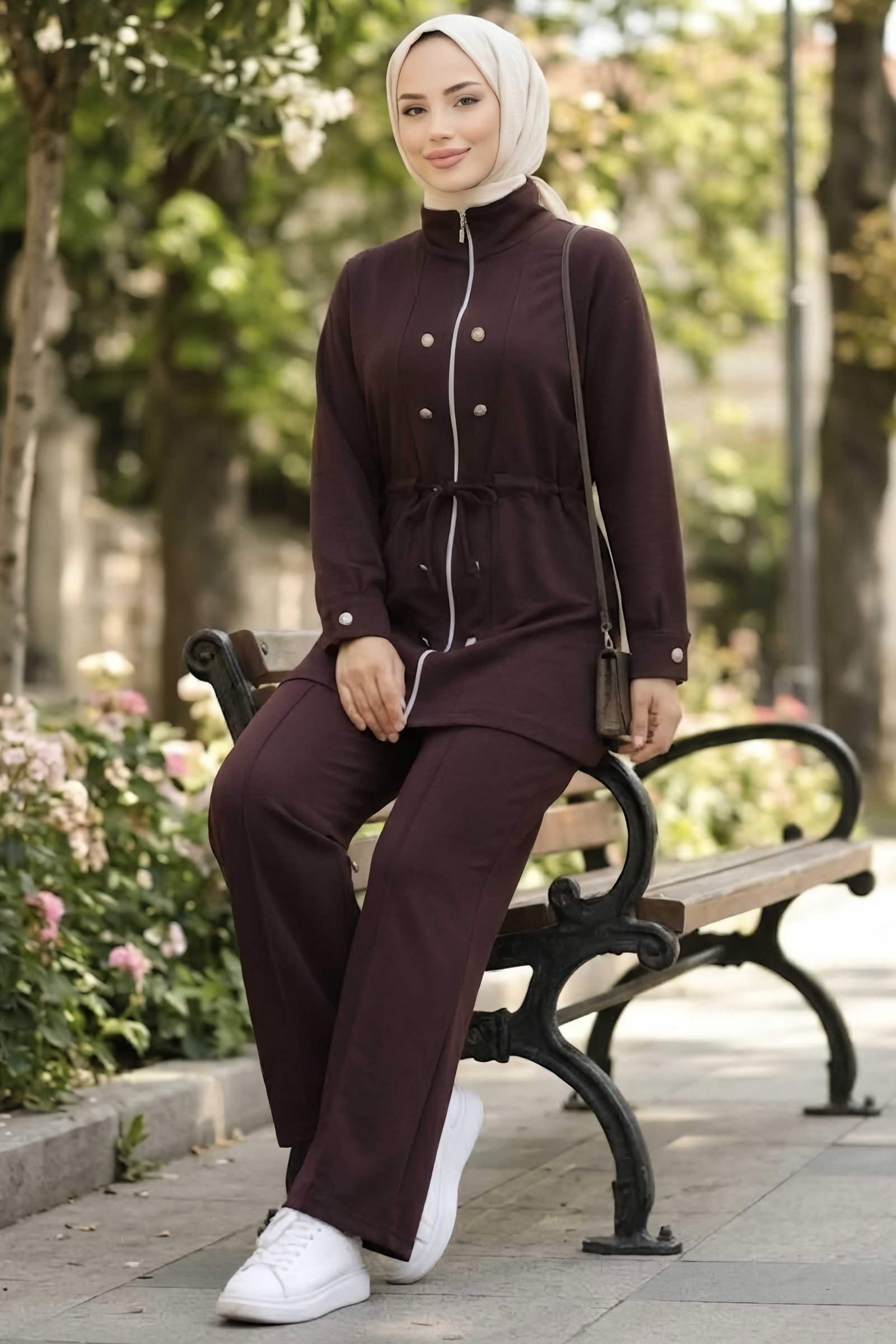Düğme Detaylı Fermuarlı Oysh Modal Takım Kahve - CK1357-KAHVE - 2