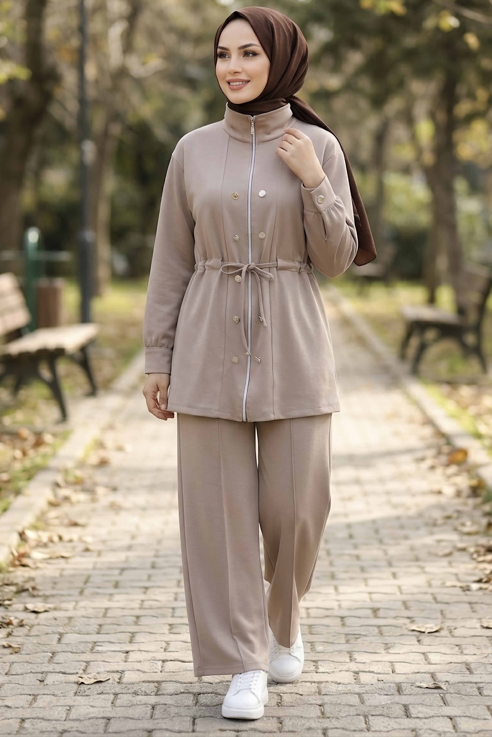 Düğme Detaylı Fermuarlı Oysh Modal Takım Krem - CK1357-KREM - 1