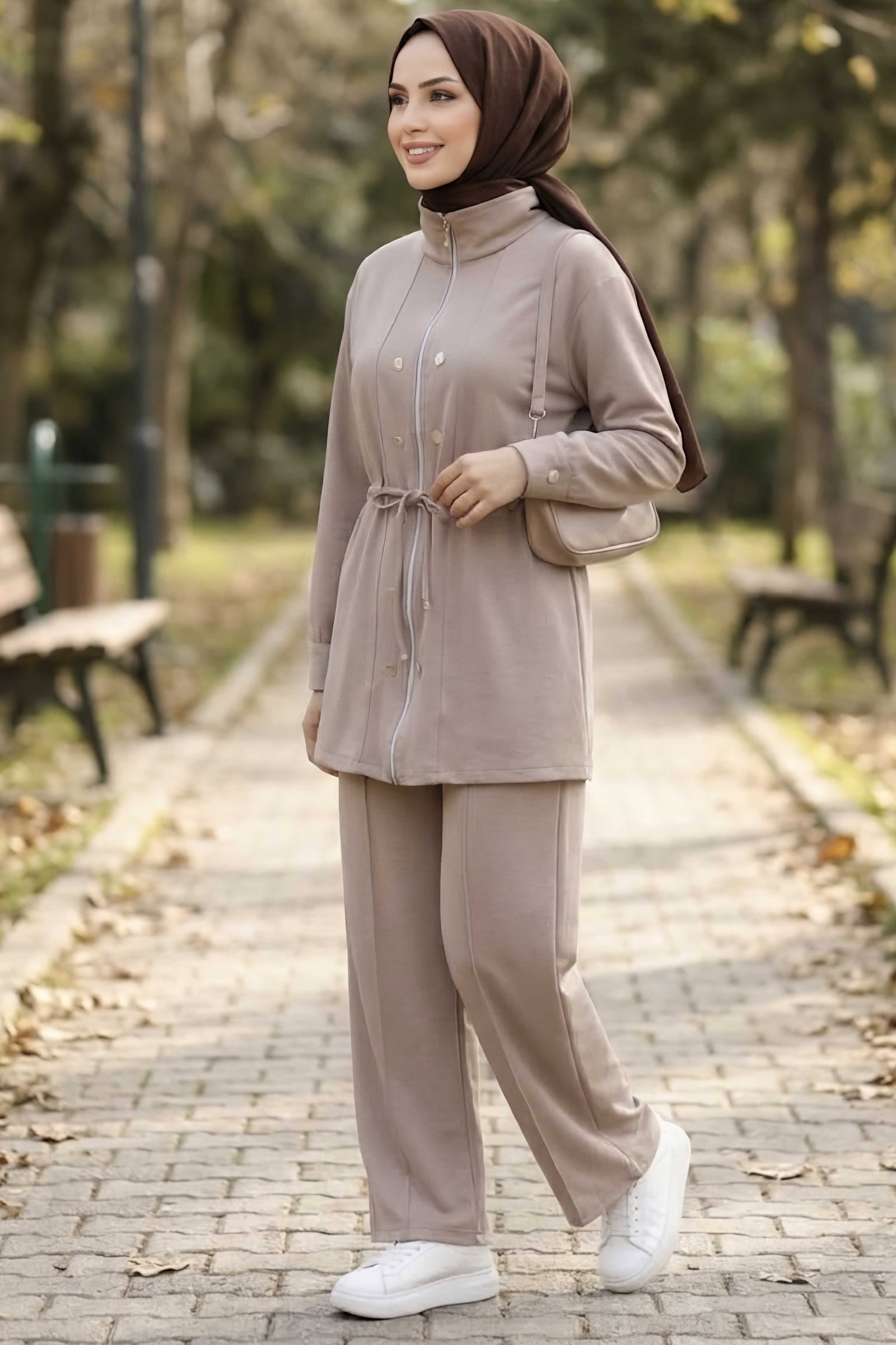 Düğme Detaylı Fermuarlı Oysh Modal Takım Krem - CK1357-KREM - 2