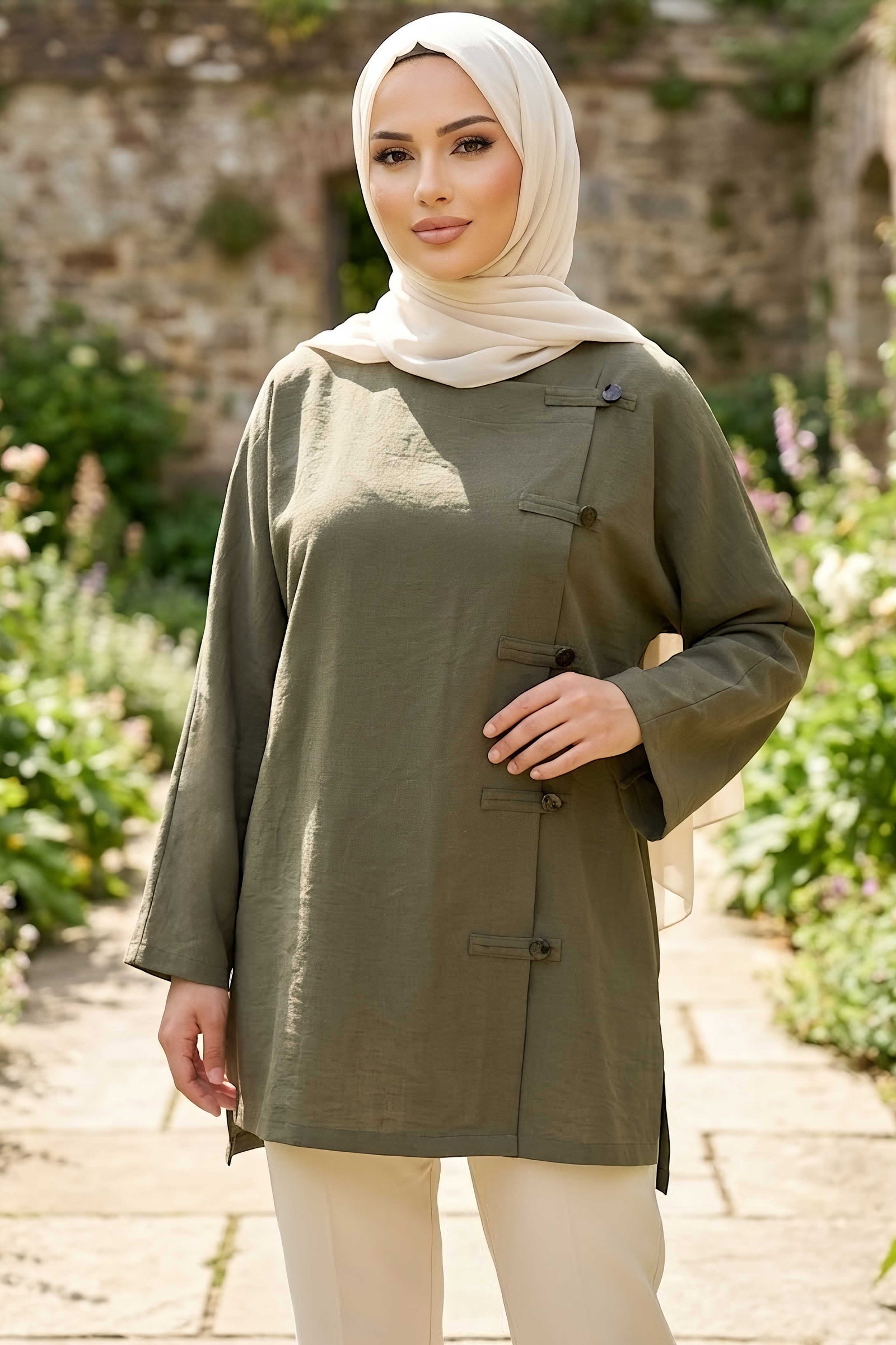 Düğme Detaylı Gömlek Haki - 28974-HAKI - 1