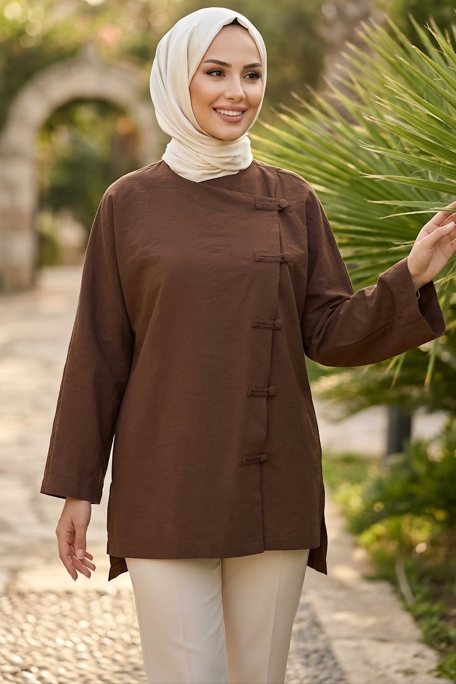 Düğme Detaylı Gömlek Kahve - 28974-KAHVE - 1