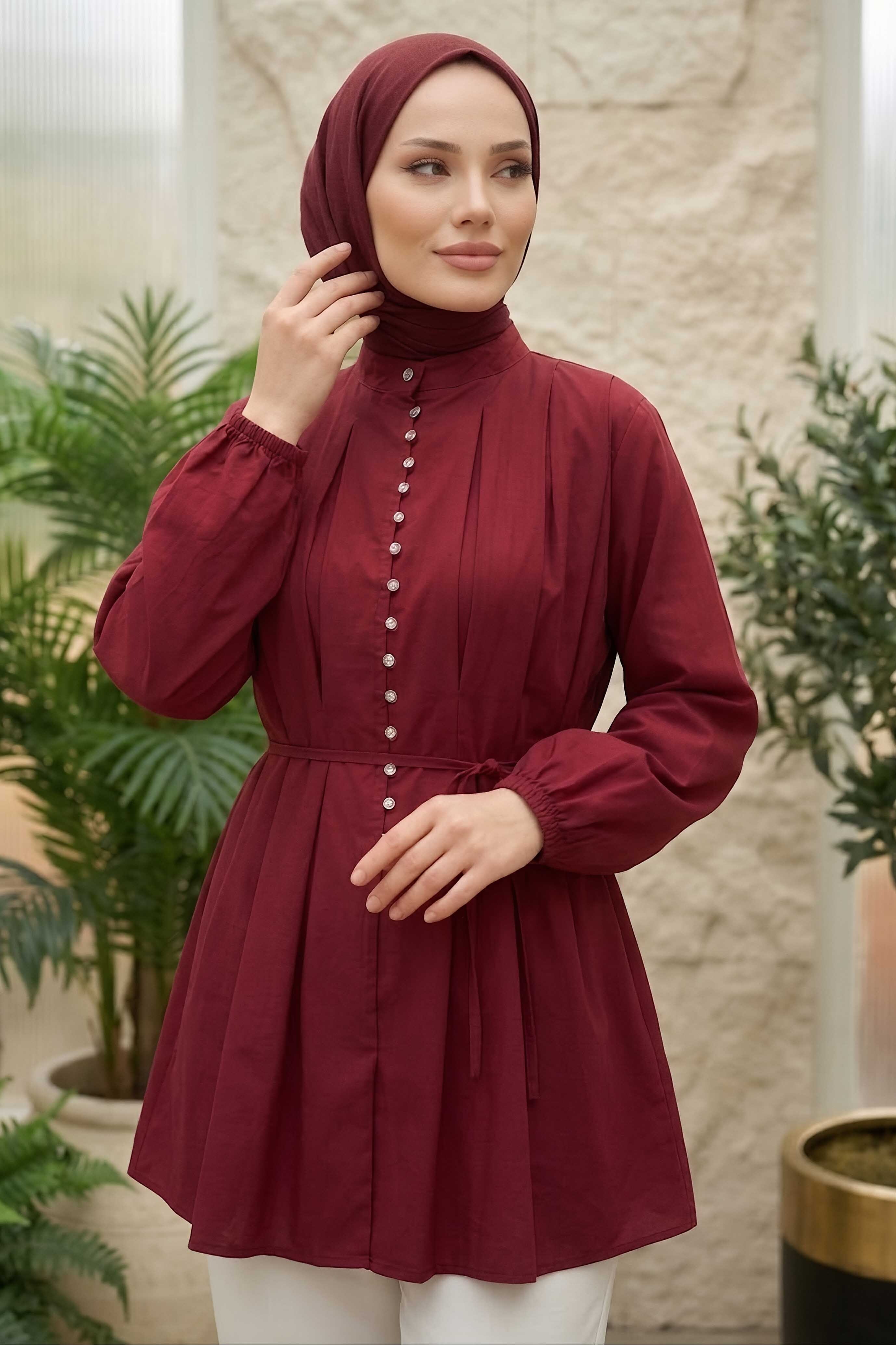 Düğme Detaylı Hakim Yaka Gömlek Bordo - 28572-BORDO - 1