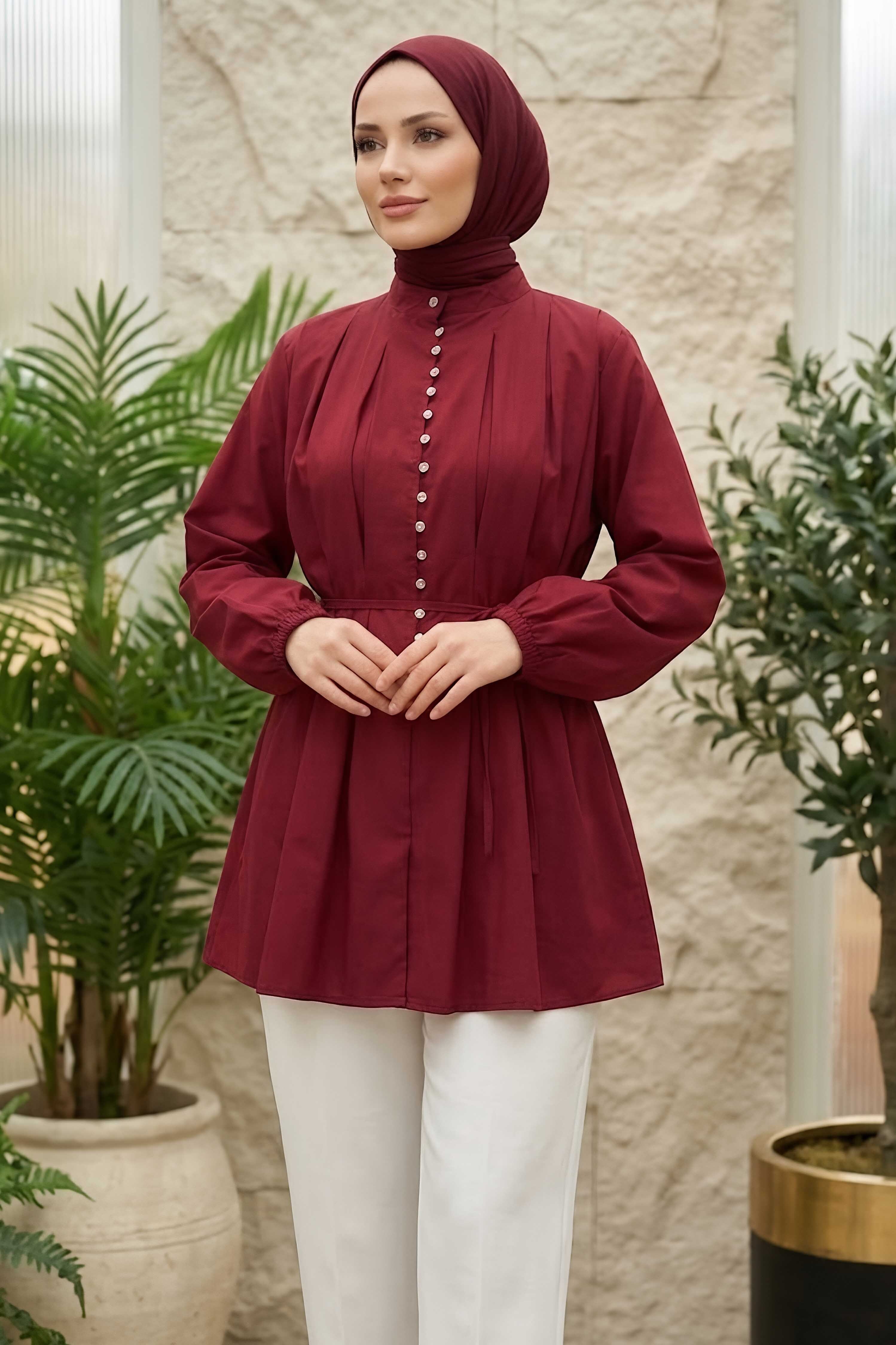 Düğme Detaylı Hakim Yaka Gömlek Bordo - 28572-BORDO - 2