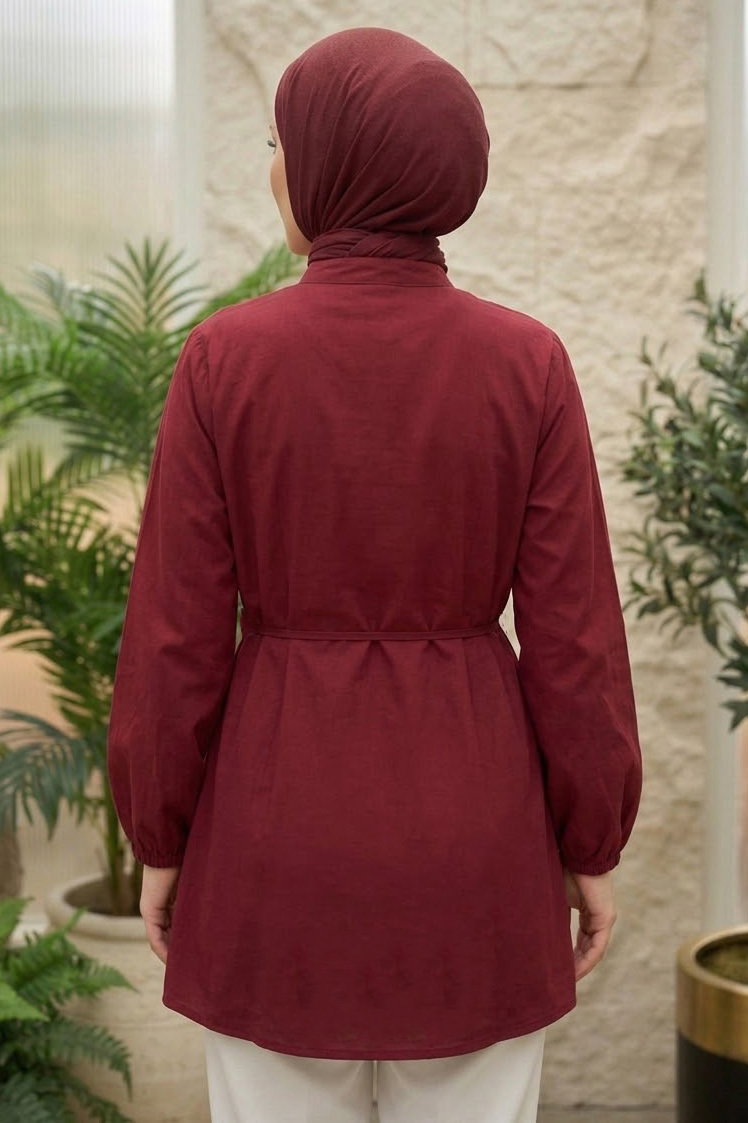 Düğme Detaylı Hakim Yaka Gömlek Bordo - 28572-BORDO - 3