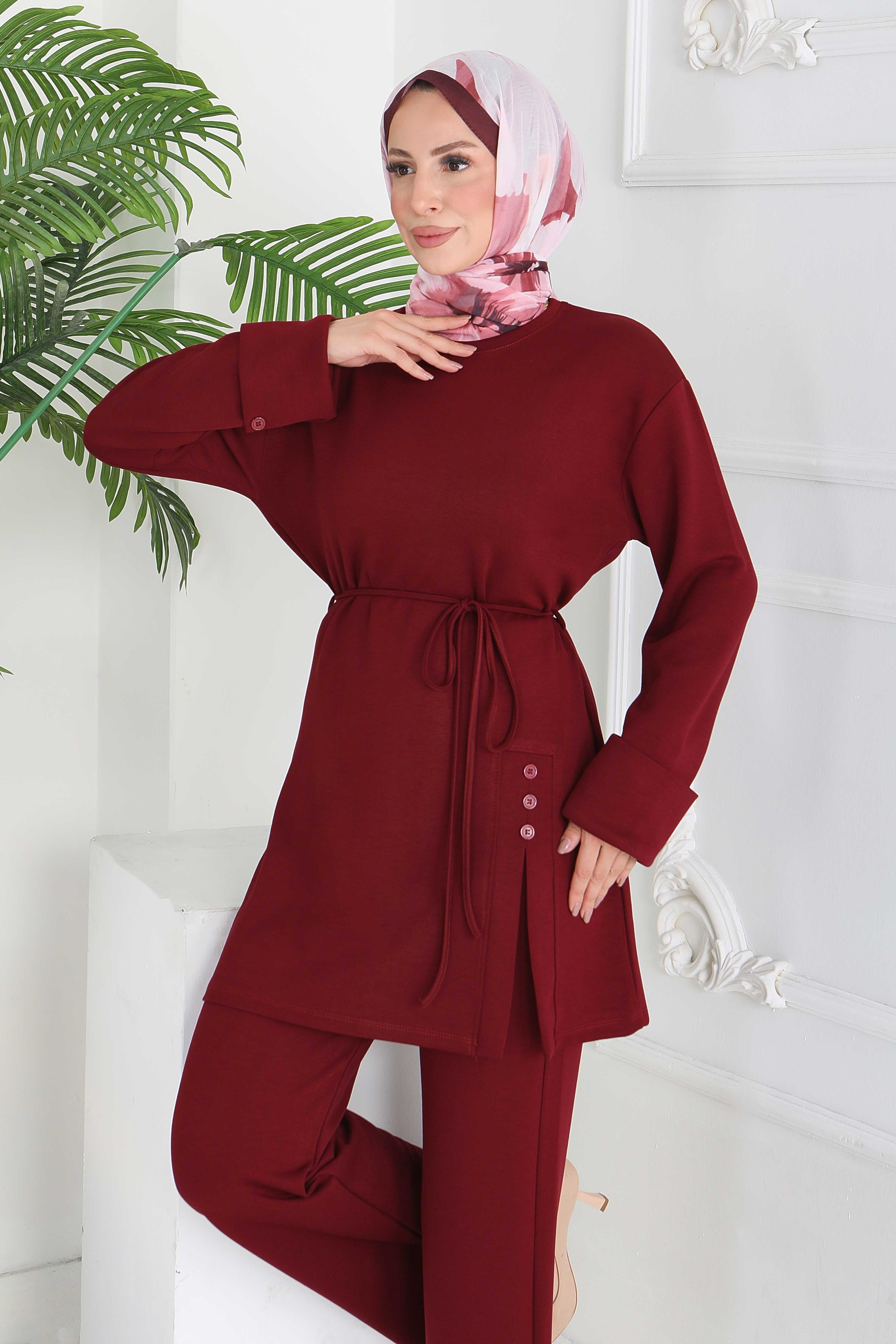 Düğme Detaylı Modal İkili Takım - 28013-BORDO - 2