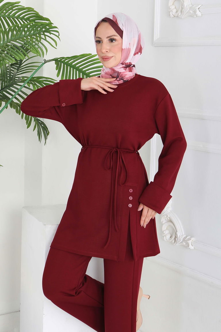 Düğme Detaylı Modal İkili Takım - 28013-BORDO - TOFİSA