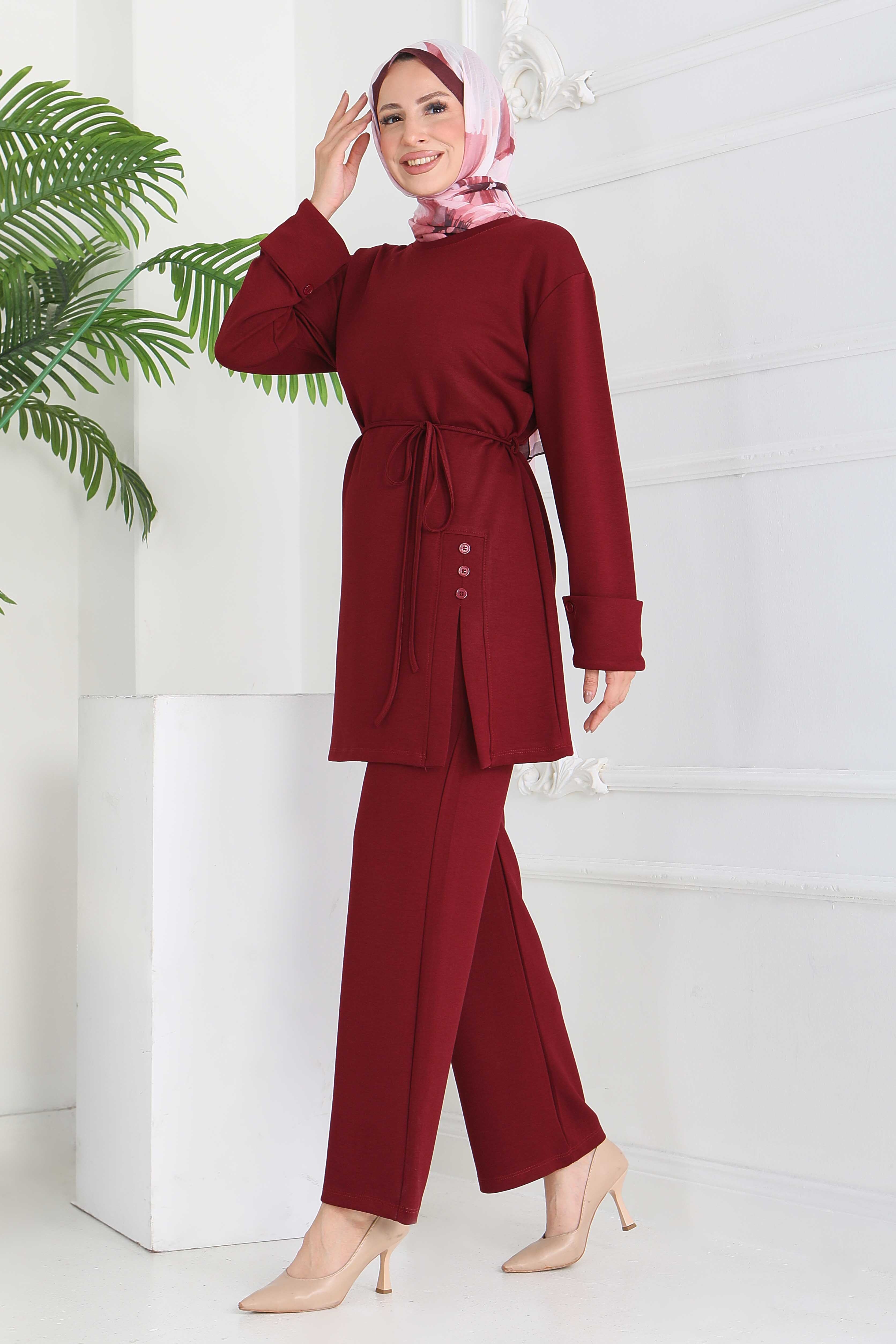 Düğme Detaylı Modal İkili Takım - 28013-BORDO - 3