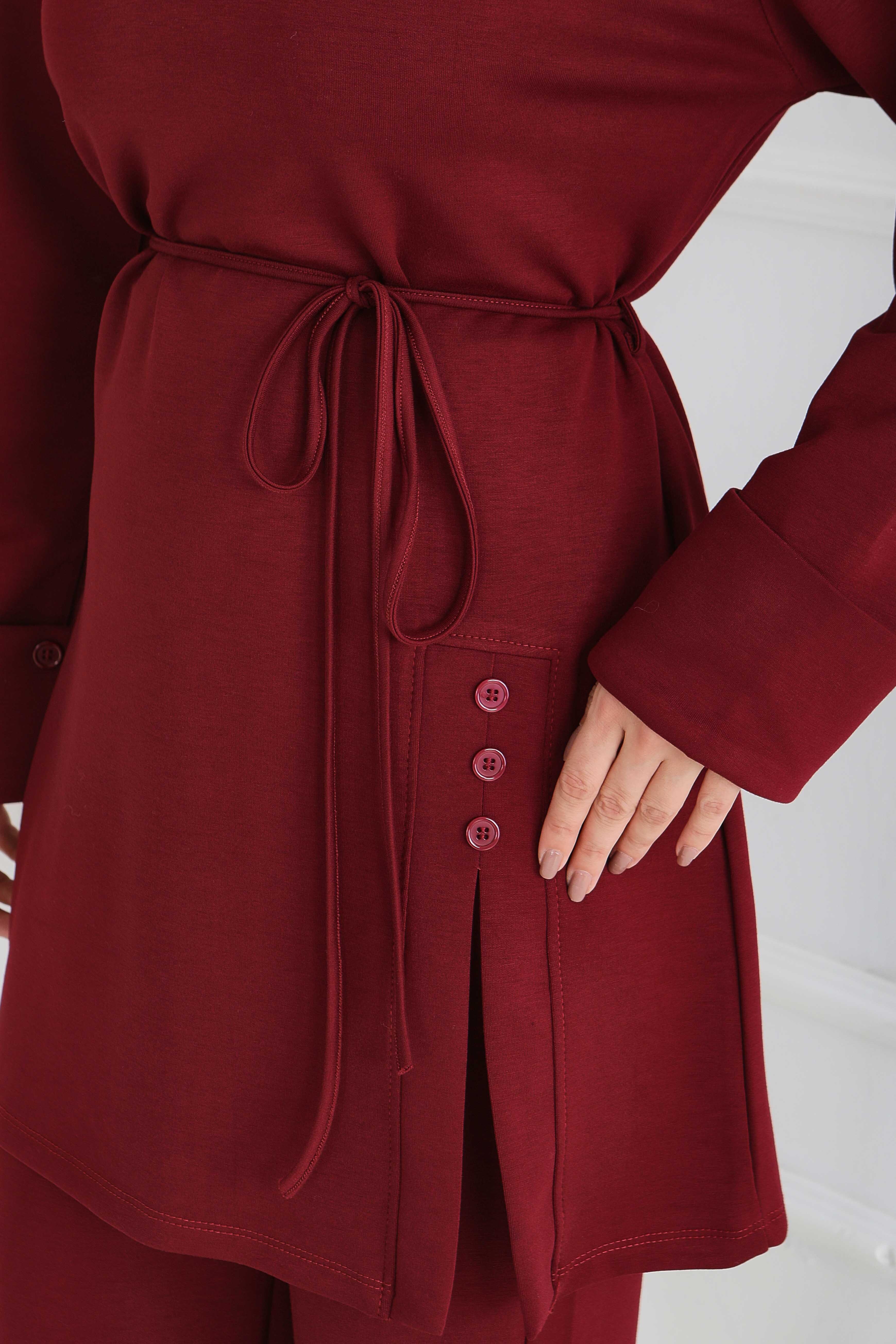 Düğme Detaylı Modal İkili Takım - 28013-BORDO - 4