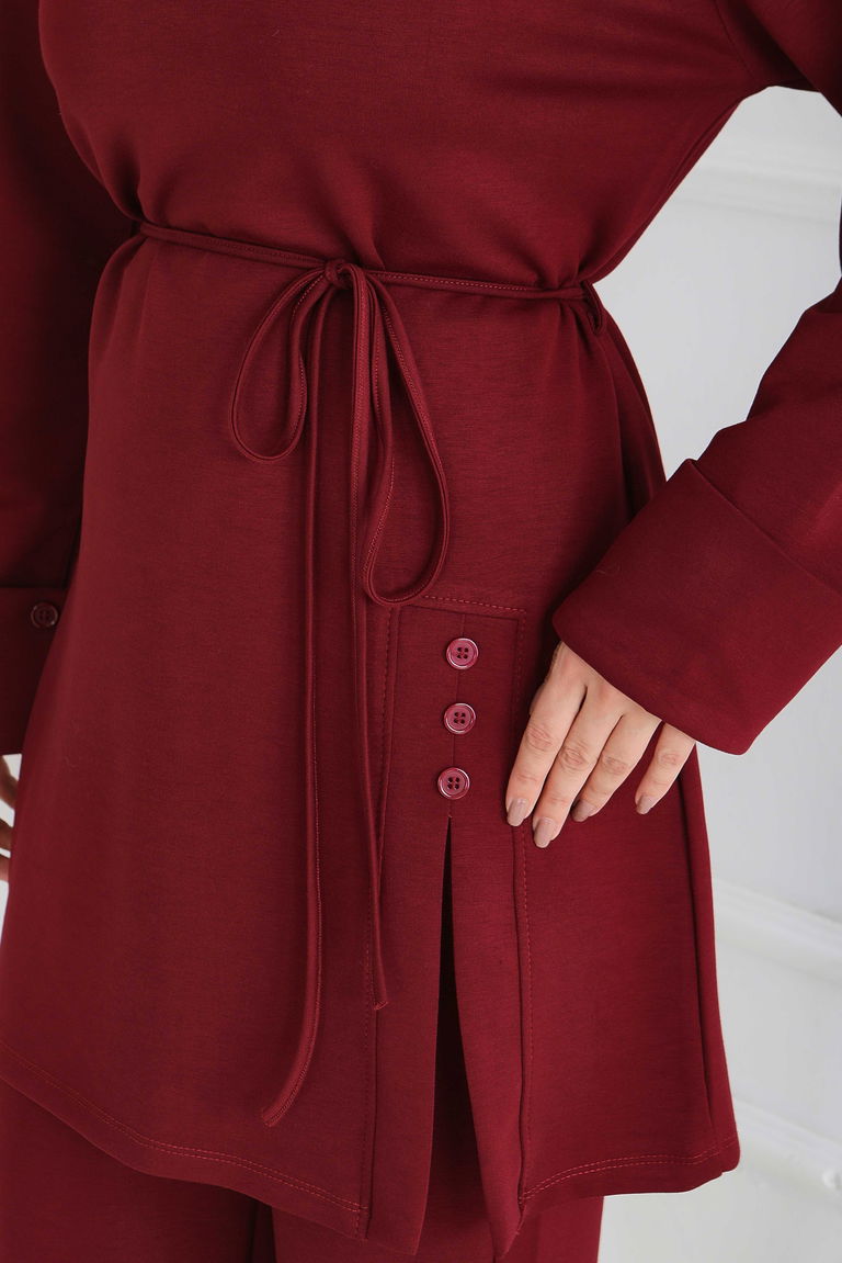 Düğme Detaylı Modal İkili Takım - 28013-BORDO - TOFİSA