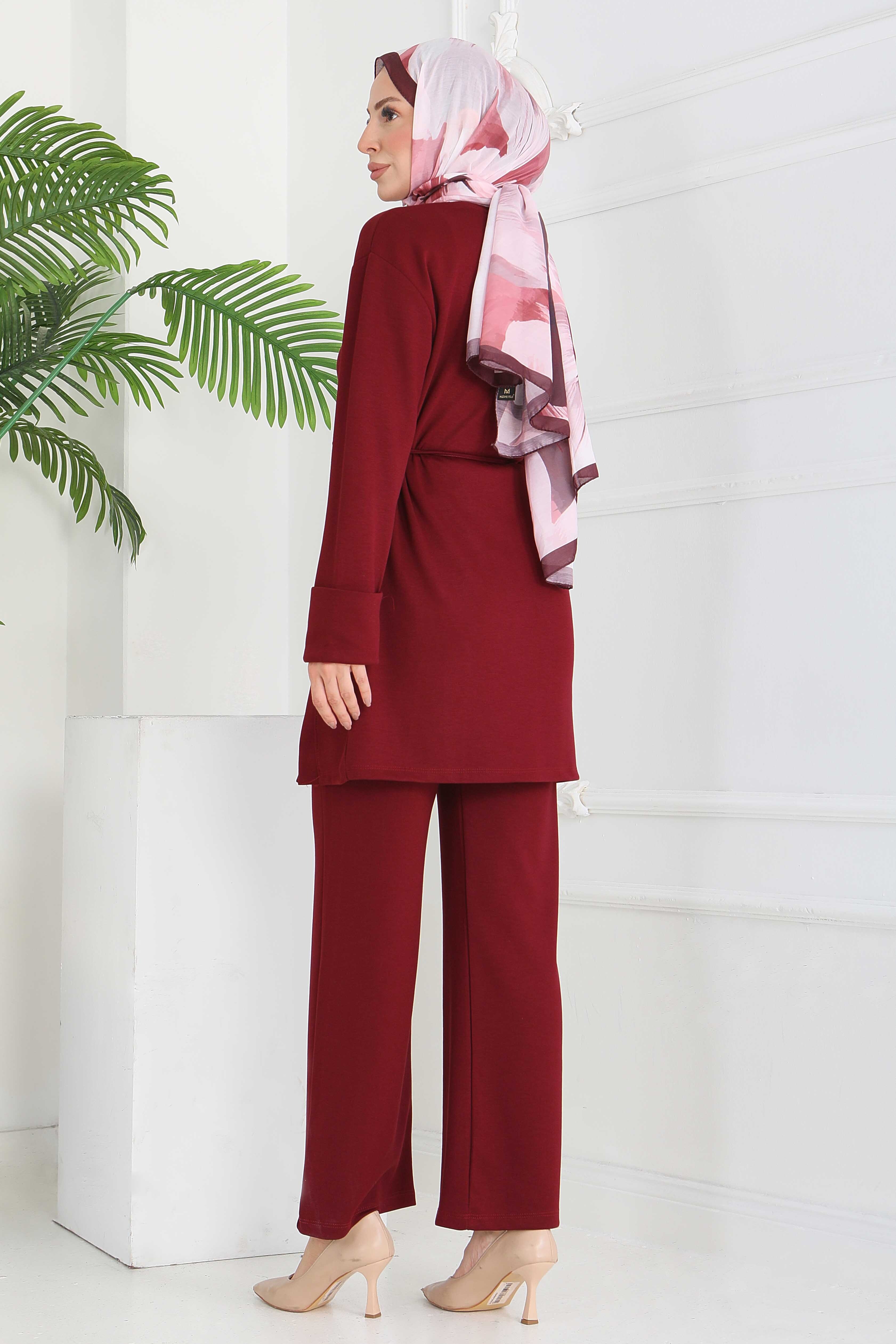 Düğme Detaylı Modal İkili Takım - 28013-BORDO - 5