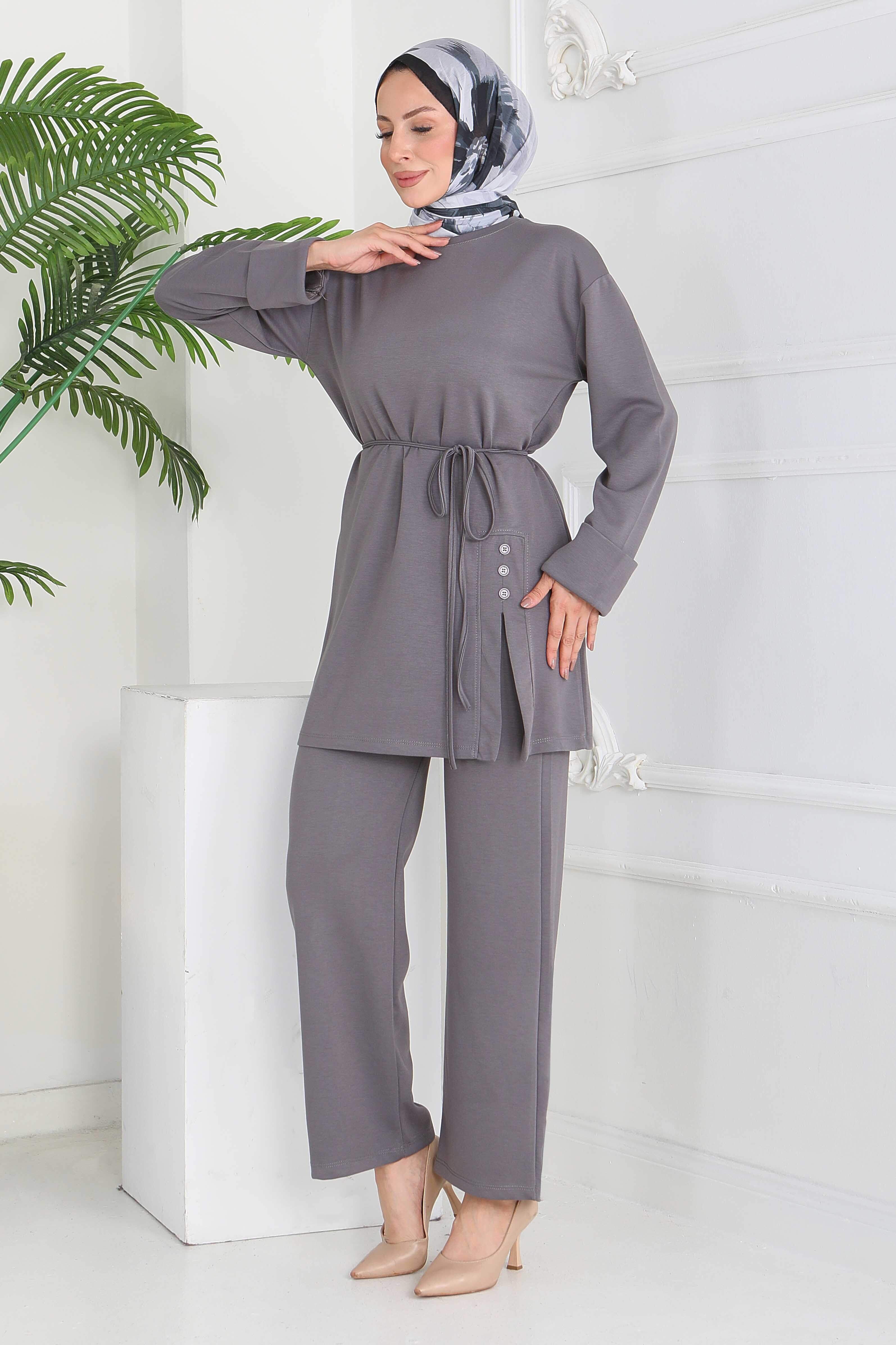 Düğme Detaylı Modal İkili Takım - 28013-FUME - 1