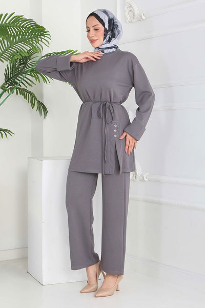 Düğme Detaylı Modal İkili Takım - 28013-FUME 