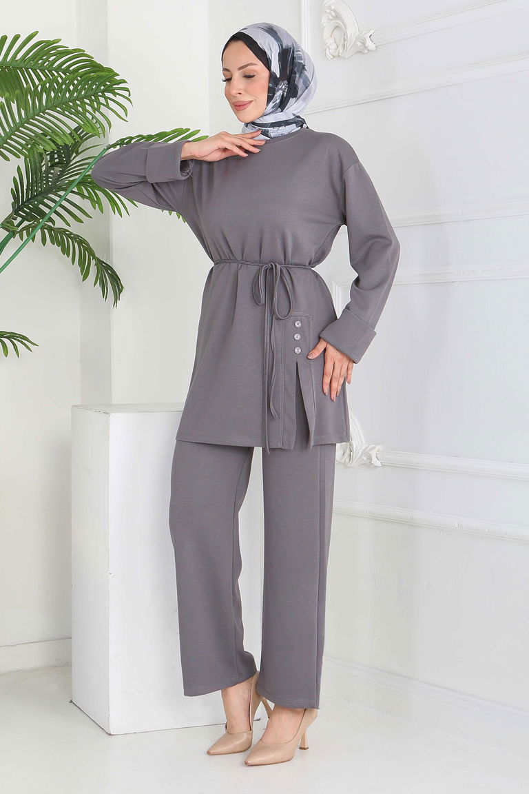 Düğme Detaylı Modal İkili Takım - 28013-FUME - TOFİSA