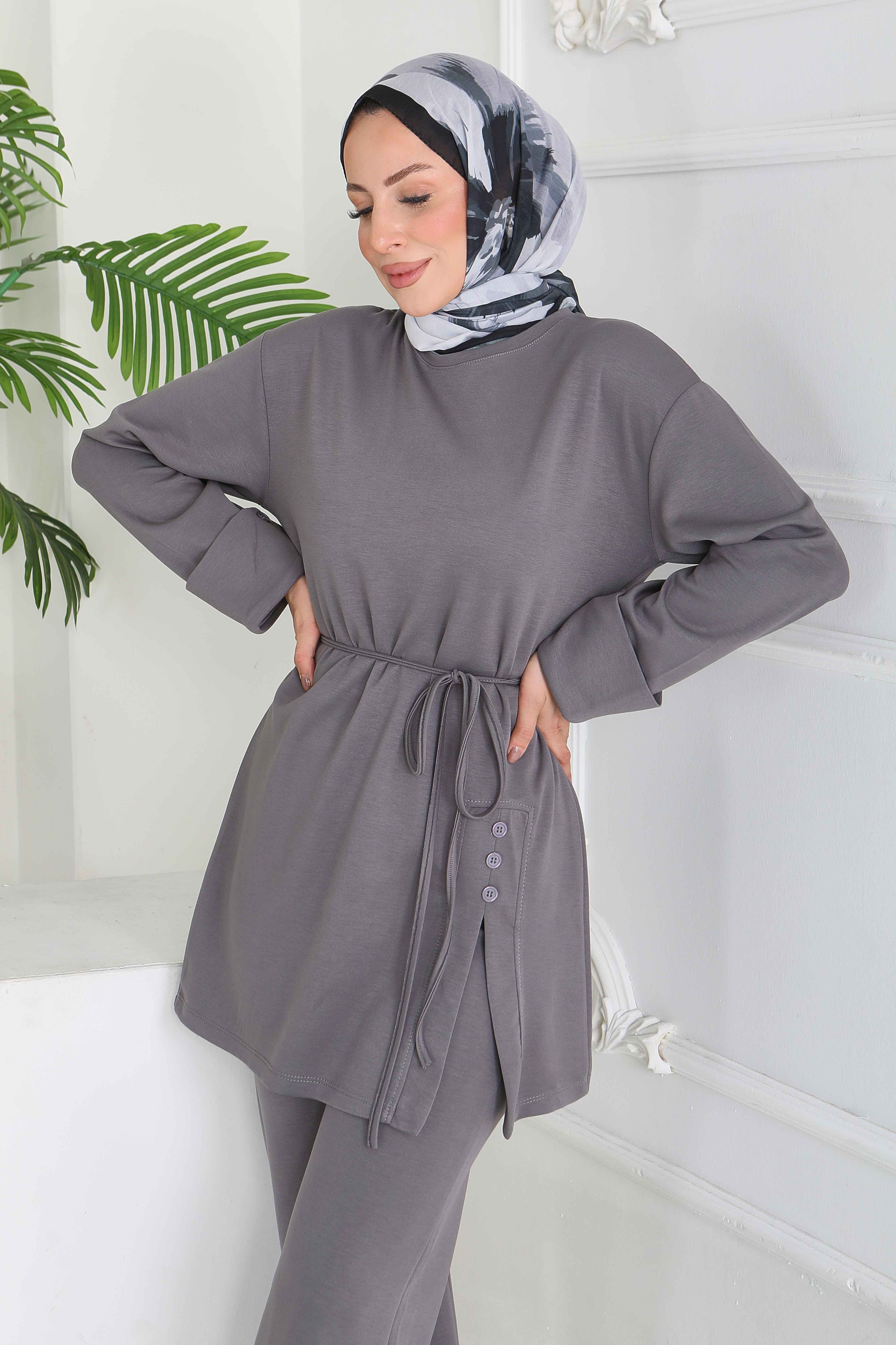 Düğme Detaylı Modal İkili Takım - 28013-FUME - 2