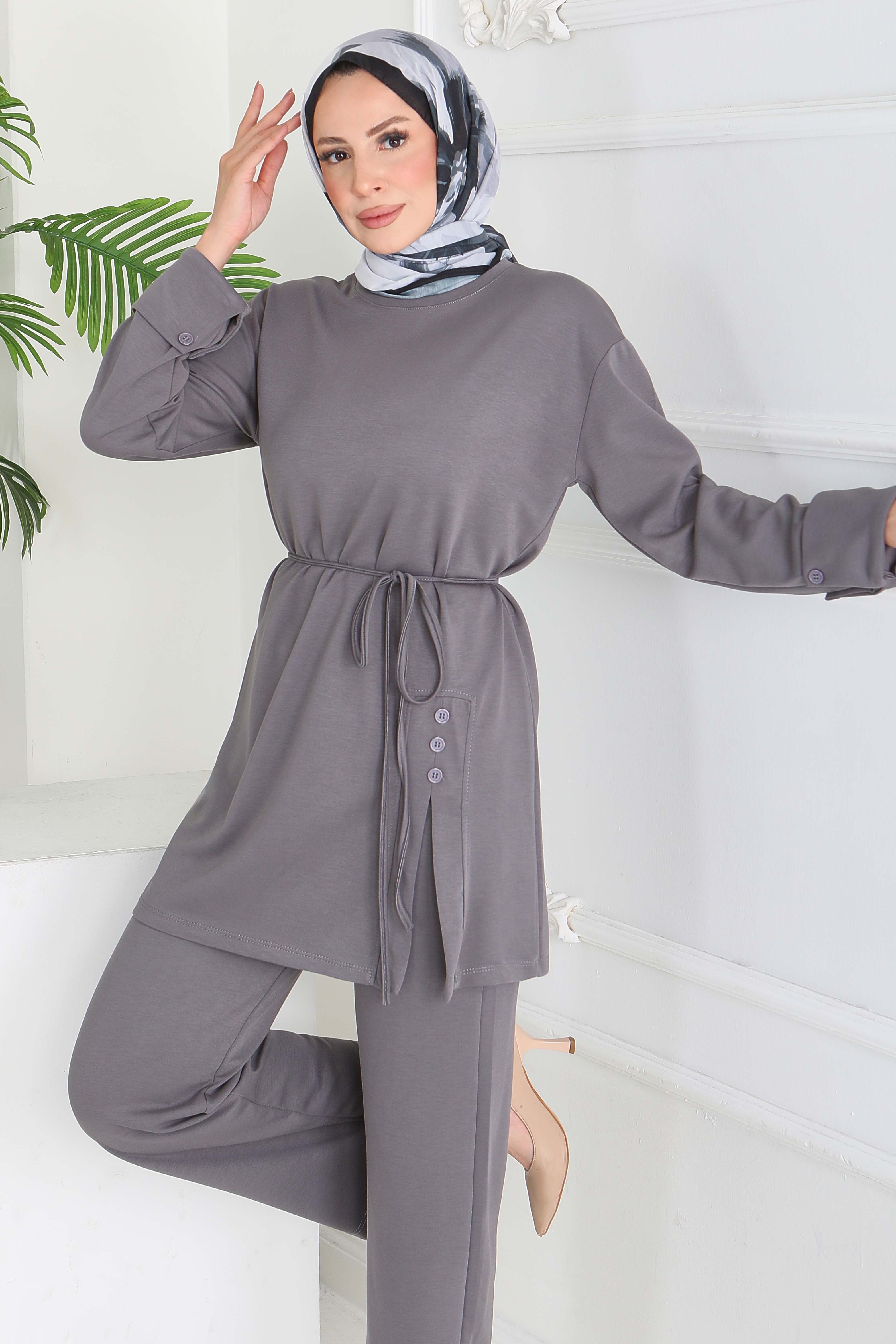 Düğme Detaylı Modal İkili Takım - 28013-FUME - 4