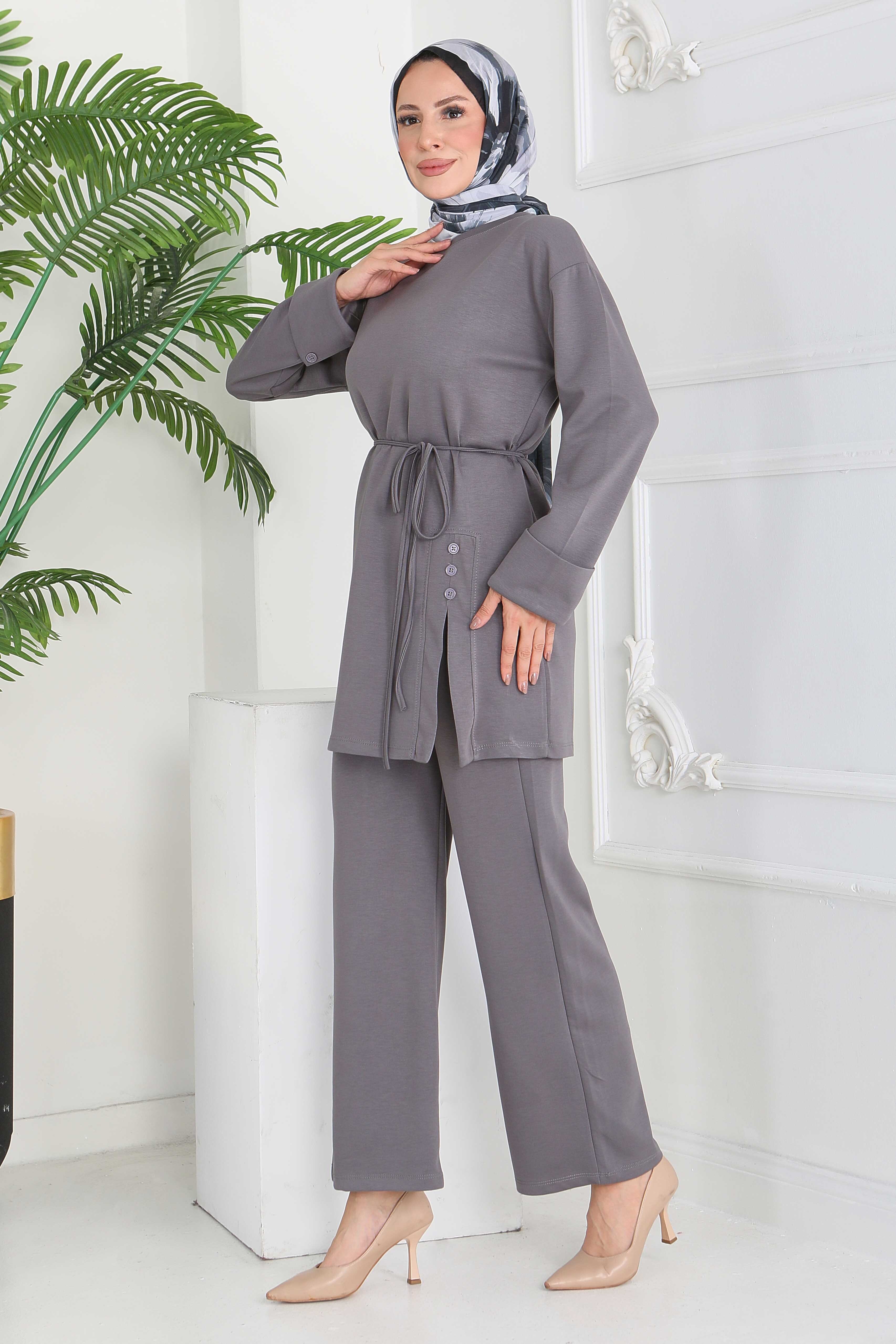 Düğme Detaylı Modal İkili Takım - 28013-FUME - 5