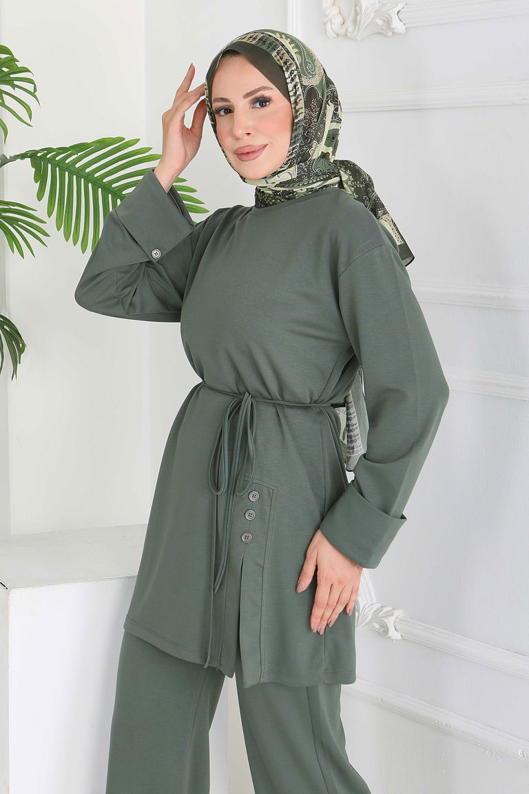 Düğme Detaylı Modal İkili Takım - 28013-HAKI - TOFİSA