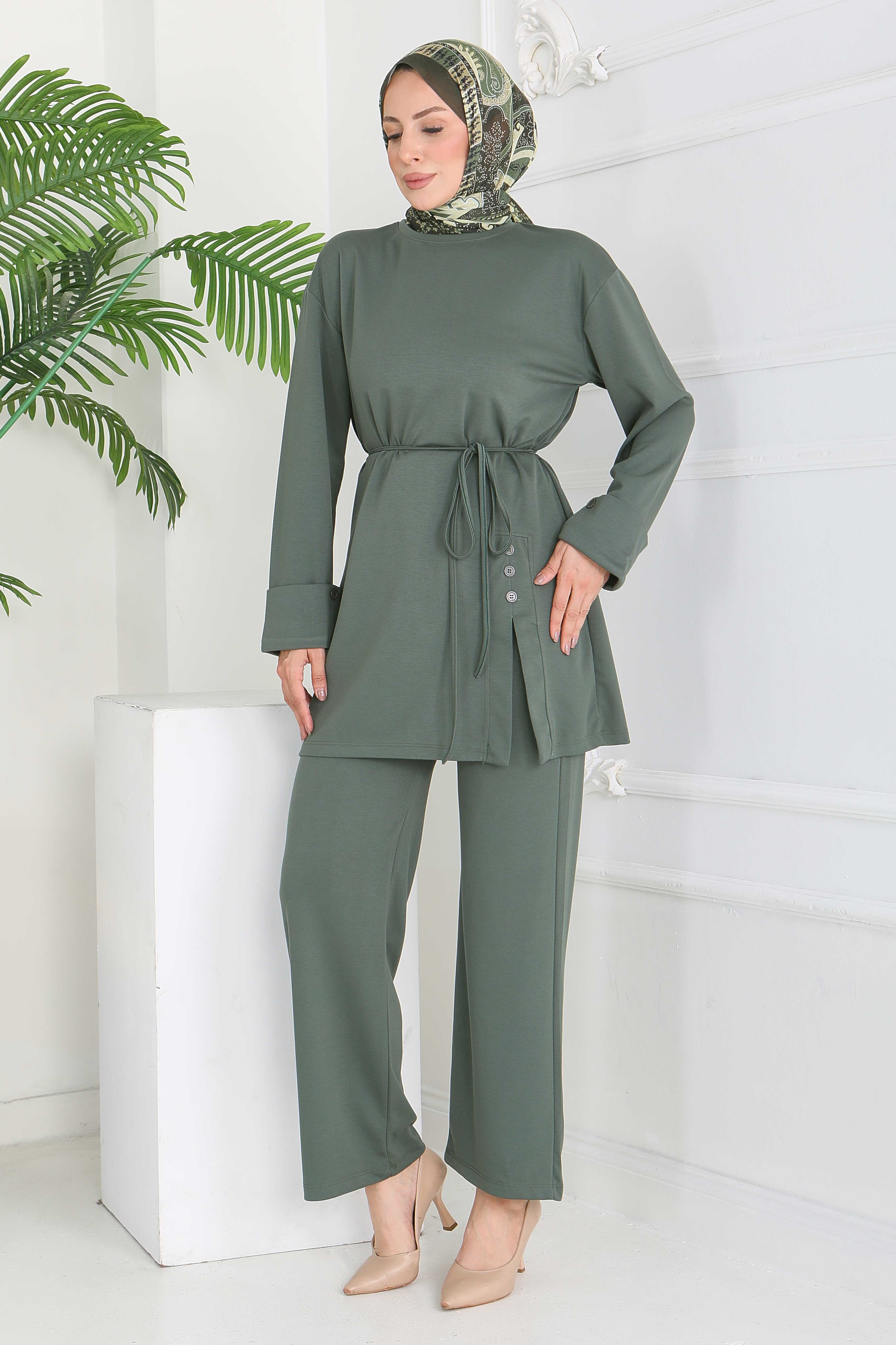 Düğme Detaylı Modal İkili Takım - 28013-HAKI - 2