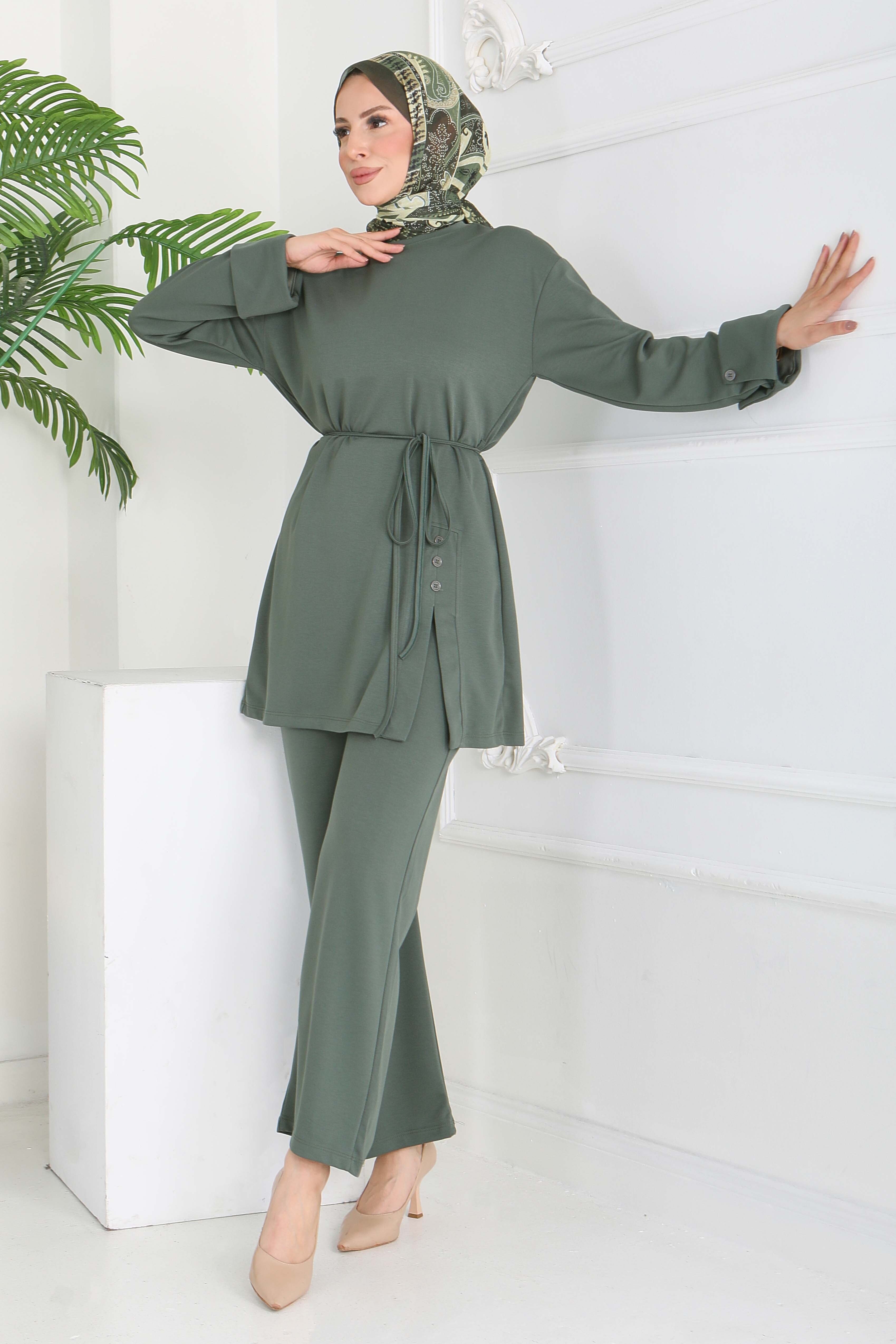 Düğme Detaylı Modal İkili Takım - 28013-HAKI - 5