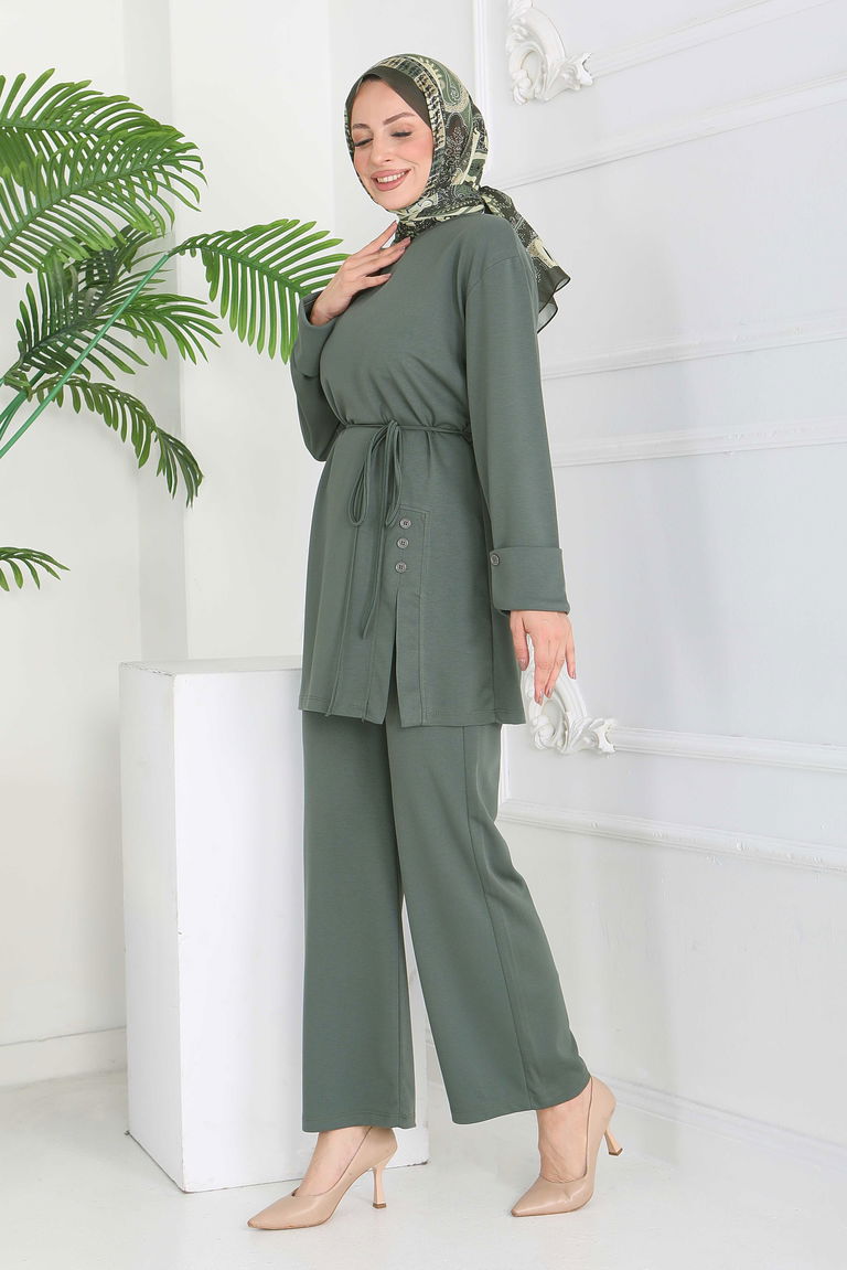 Düğme Detaylı Modal İkili Takım - 28013-HAKI - TOFİSA